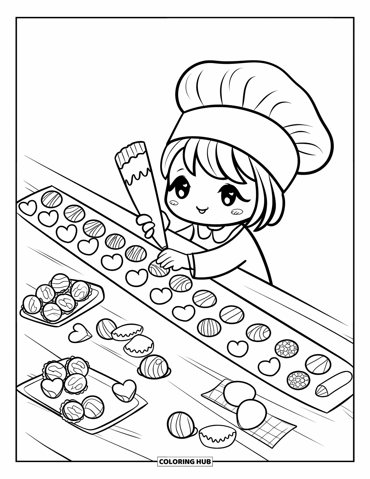 Chocolate Coloring Page for Adults: Chibi chef decorates bonbons with a piping bag, surrounded by chocolate curls and wrappers