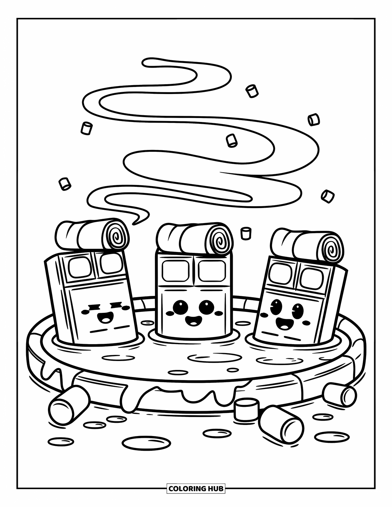 Chocolate Coloring Page for Adults: Chocolate bar characters relax in a melted chocolate hot spring with marshmallows and steam