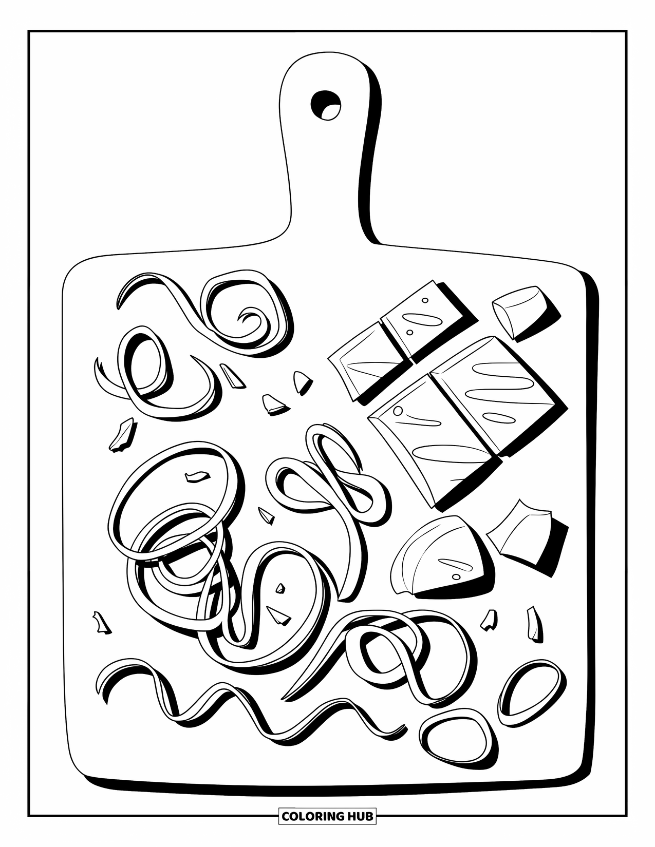 Chocolate Coloring Page for Adults: Chocolate pieces and curls fill a rustic board beside a knife and a few small nuts