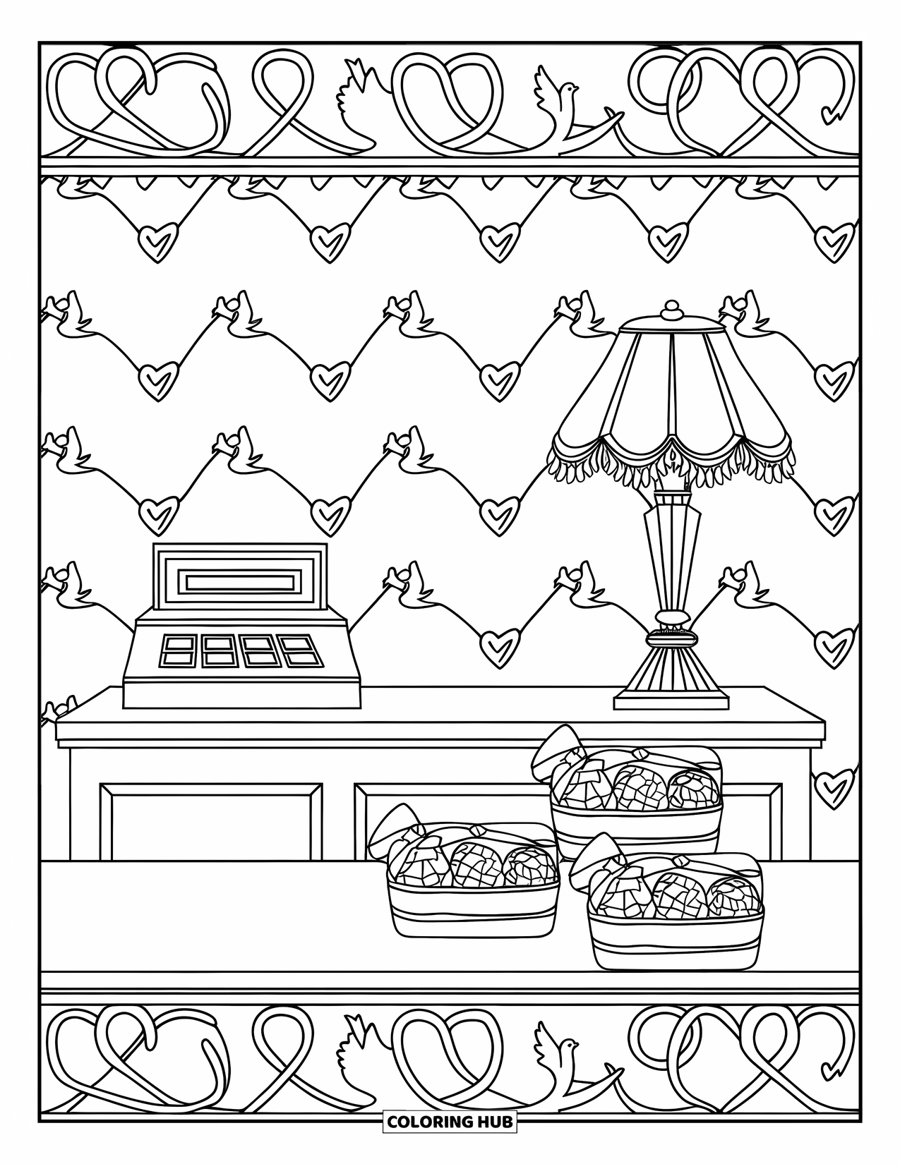 Chocolate Coloring Page for Adults: Chocolate shop window filled with truffle pyramids and hanging gift boxes