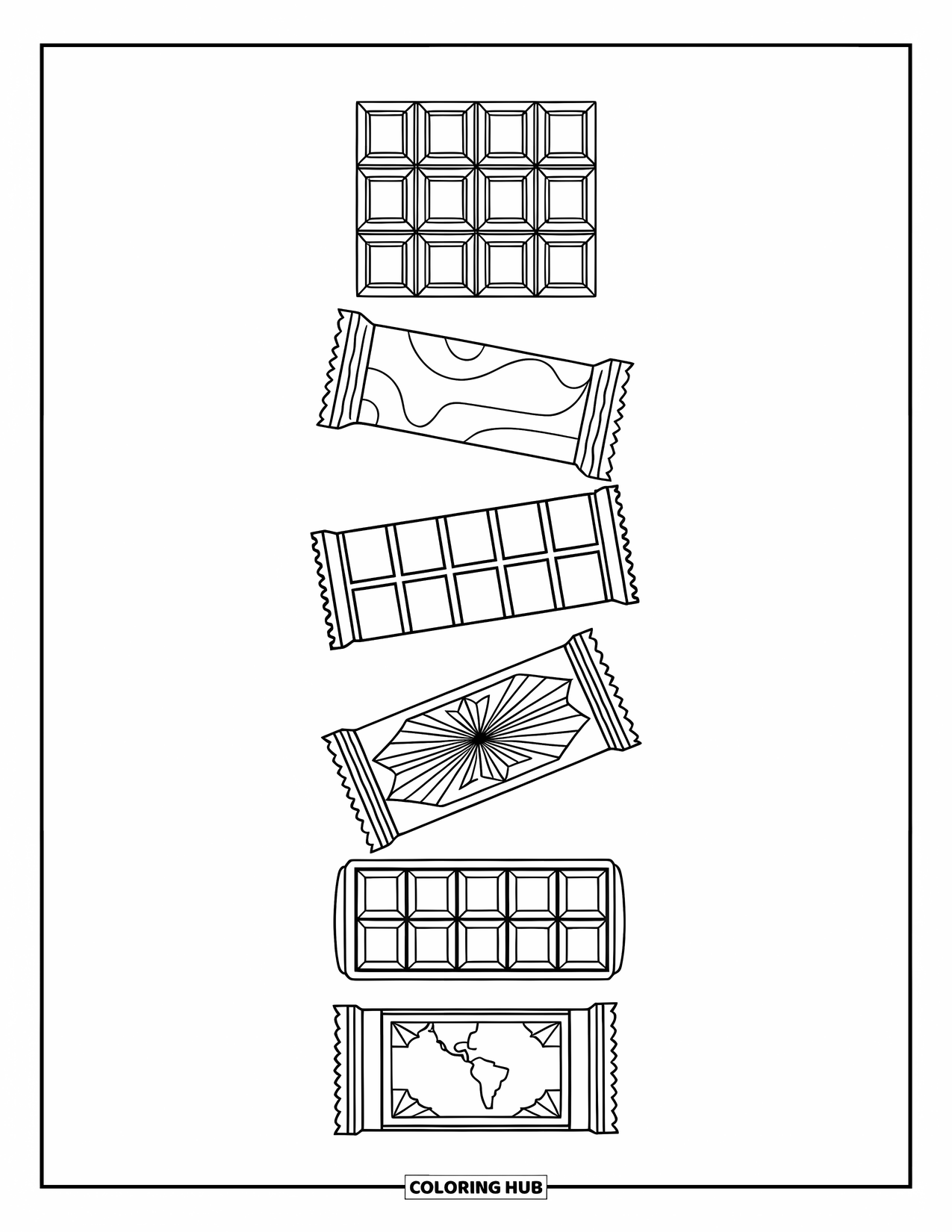 Chocolate Coloring Page for Adults: Five chocolate bars stacked tall, each with its own unique design