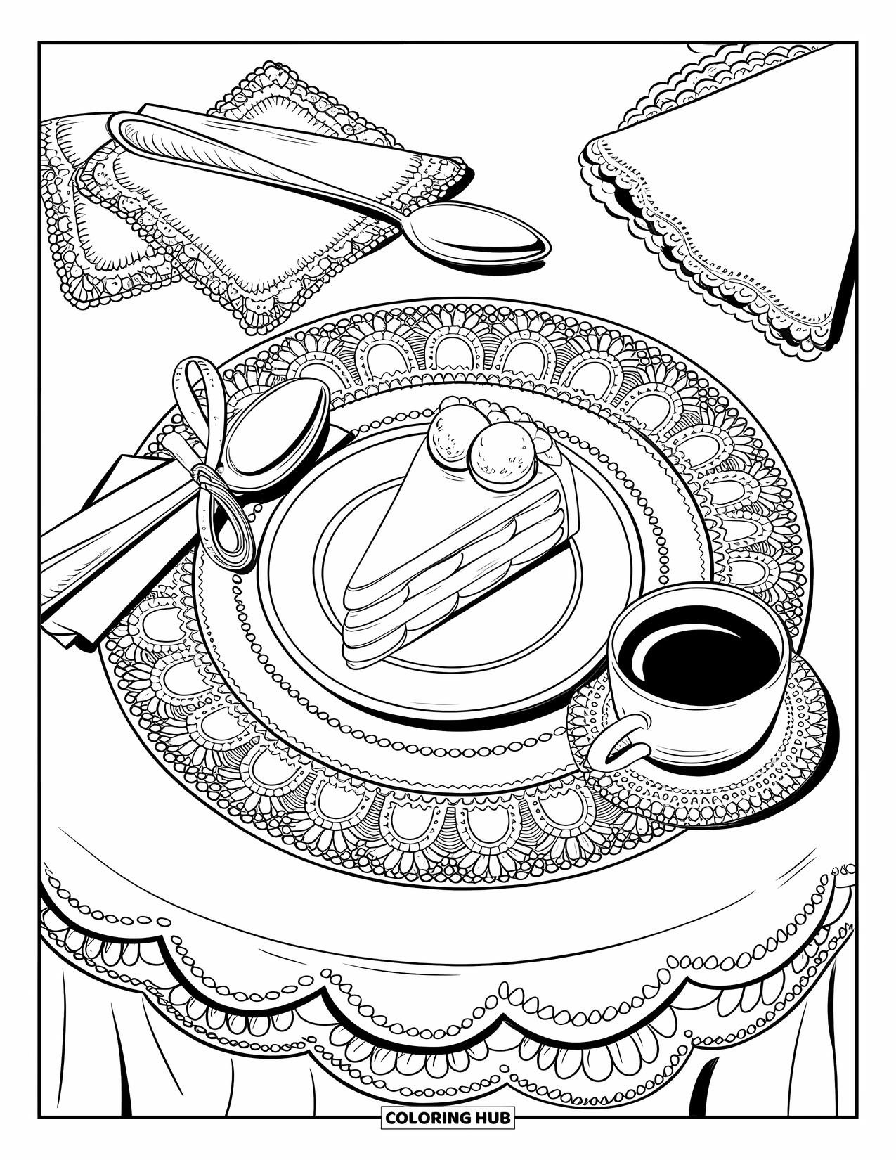 Chocolate Coloring Page for Adults: Layered mousse dessert sits on a doily table with cocoa, lace, and a ribboned spoon