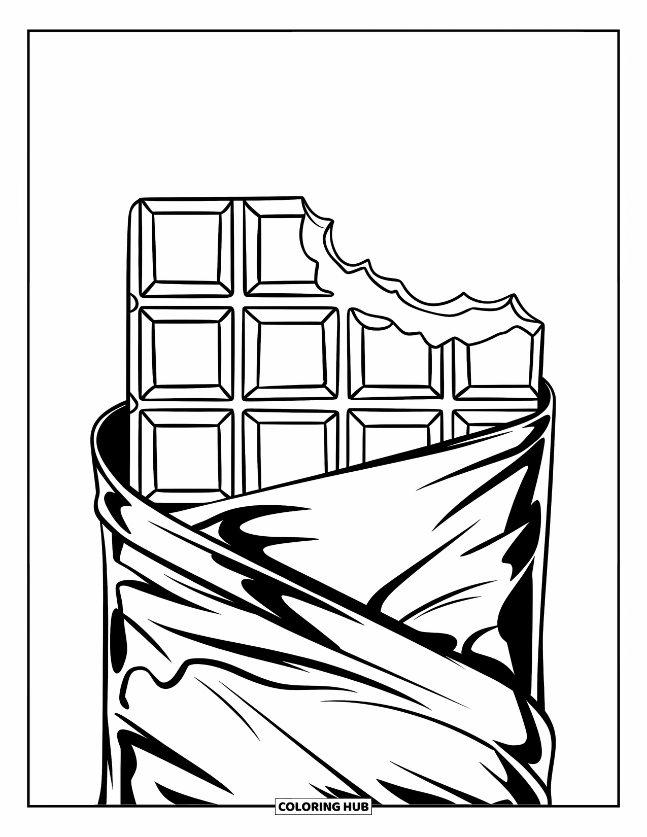 Chocolate Coloring Page for Kids: A bitten chocolate bar peeks out from a curled foil wrapper