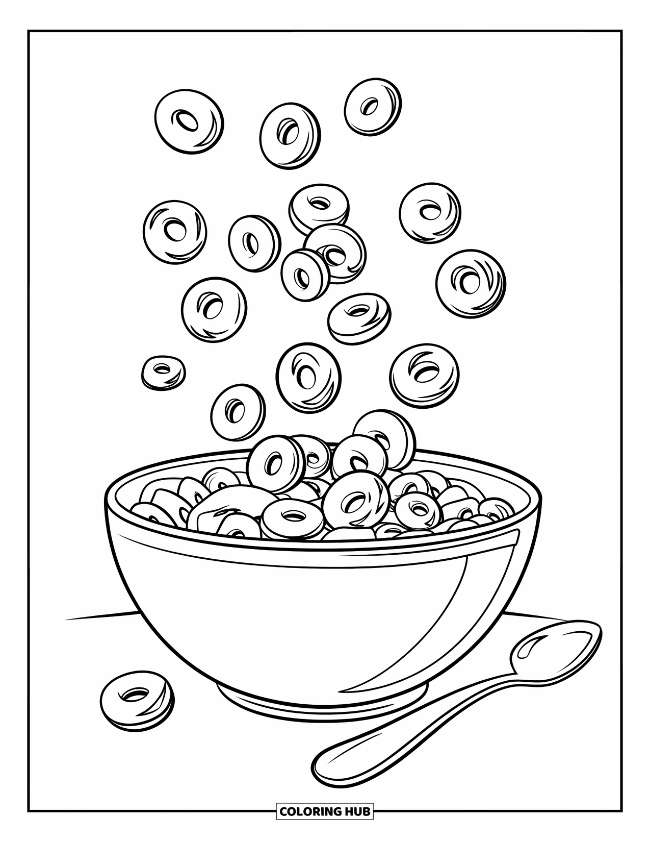 Chocolate Coloring Page for Kids: A bowl of cereal filled with big chocolate loops sits beside a spoon