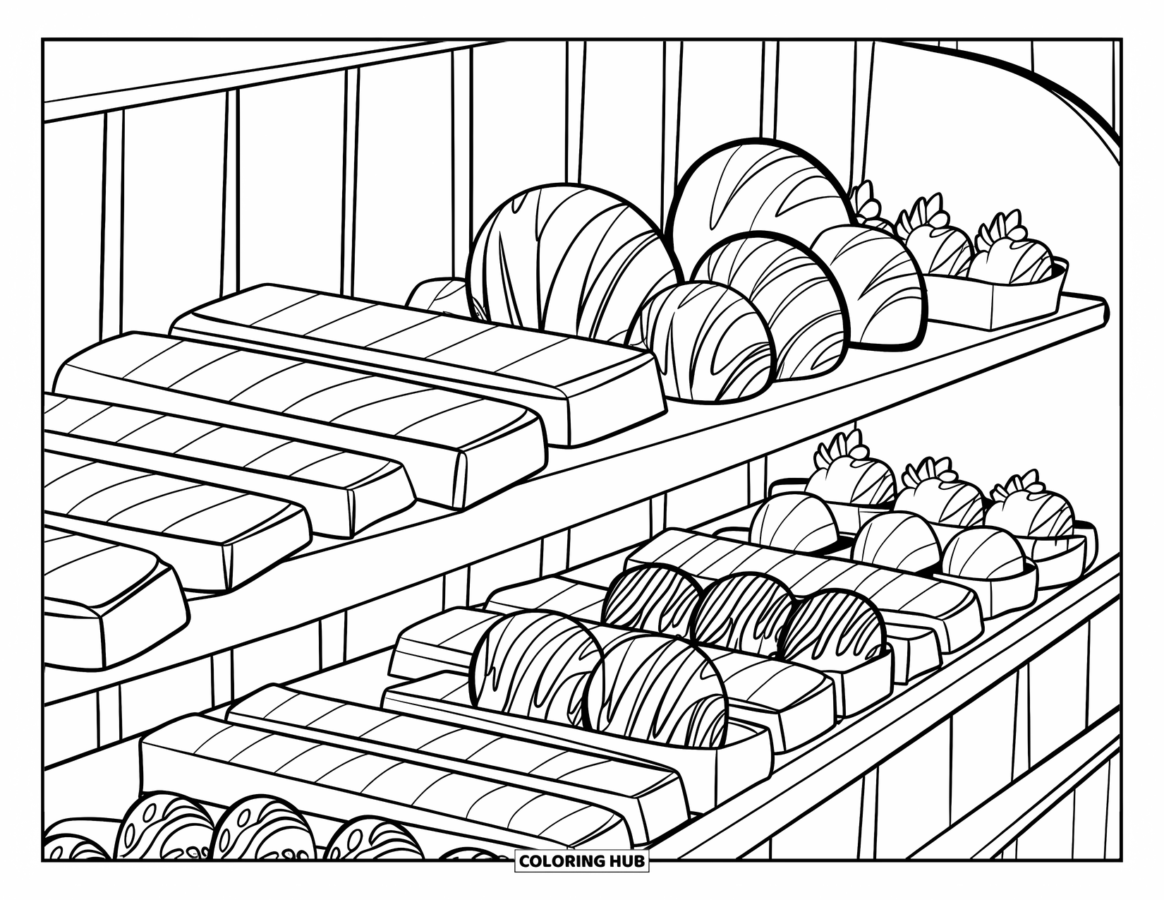 Chocolate Coloring Page for Kids: A candy shelf filled with chocolate bars, strawberries, and truffles against the wall
