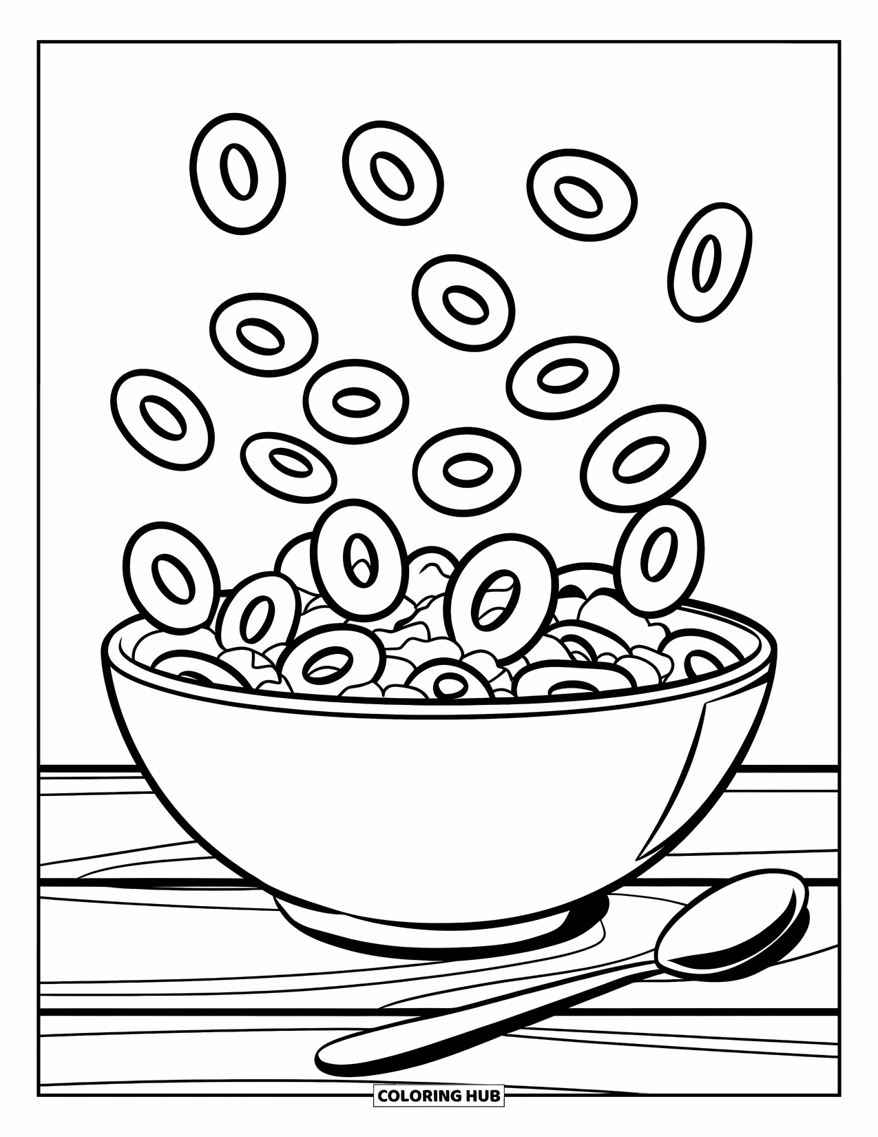 Chocolate Coloring Page for Kids: A cereal bowl with chocolate loops rests on wood with a spoon beside it