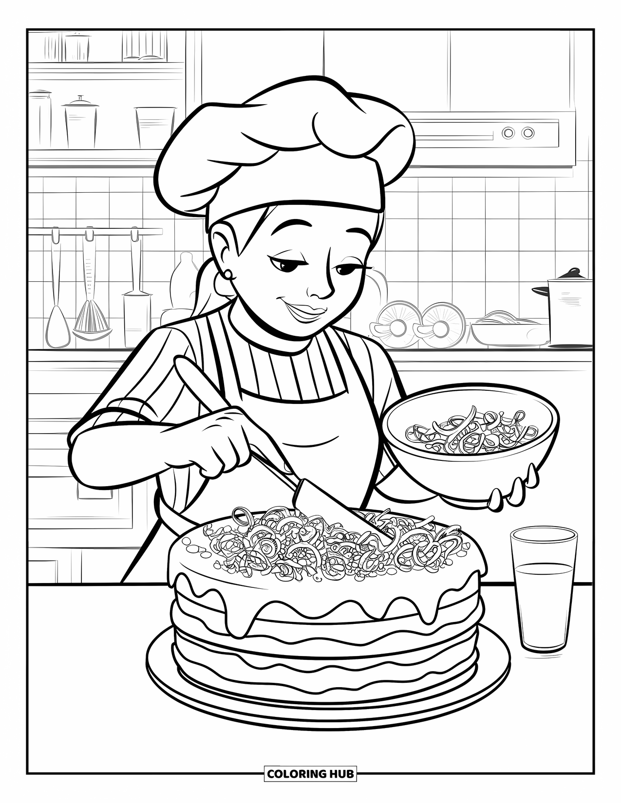 Chocolate Coloring Page for Kids: A chef adds curls to a frosted cake while holding a bowl in a busy kitchen