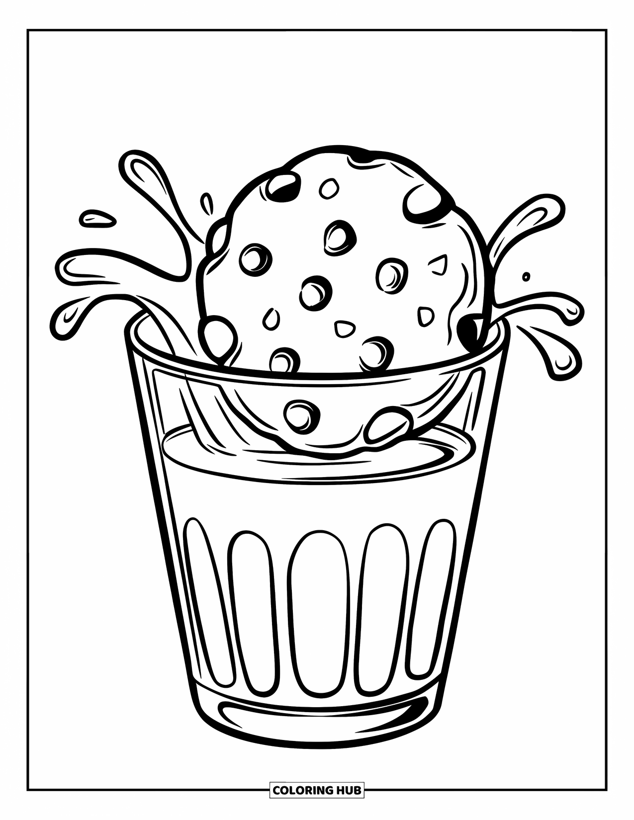 Chocolate Coloring Page for Kids: A chocolate chip cookie splashes into milk with drops flying from the glass