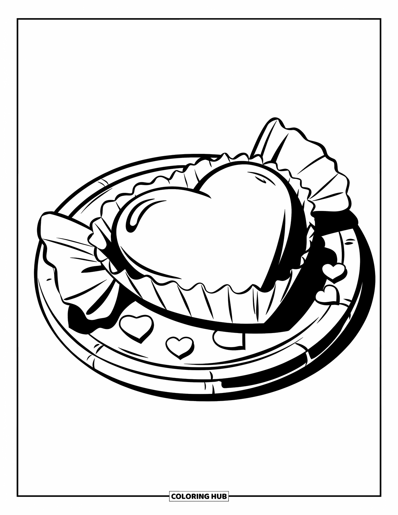 Chocolate Coloring Page for Kids: A chocolate heart in a wrapper rests on a board with small hearts around it
