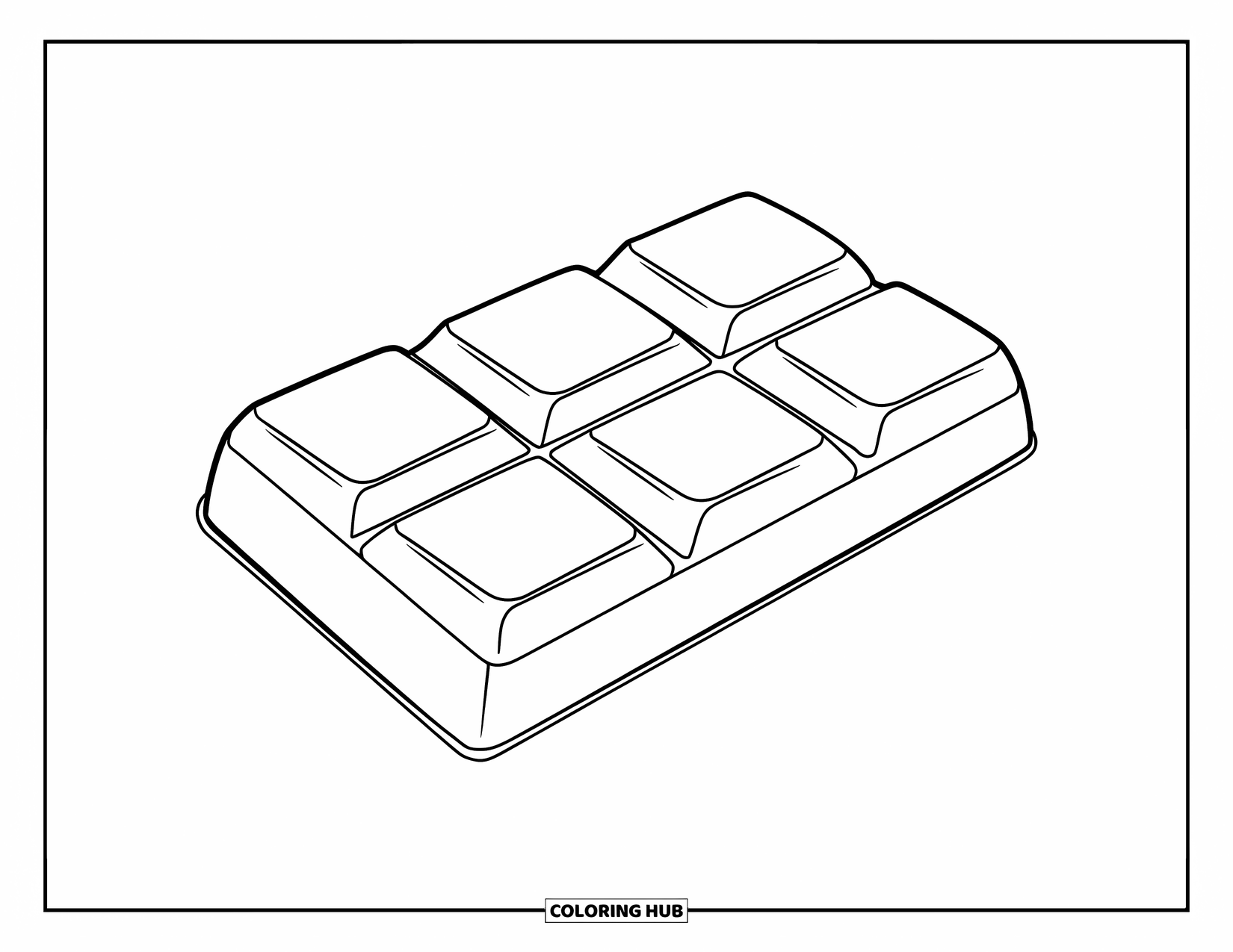 Chocolate Coloring Page for Kids: A chunky chocolate bar with four big sections sits centered on the page