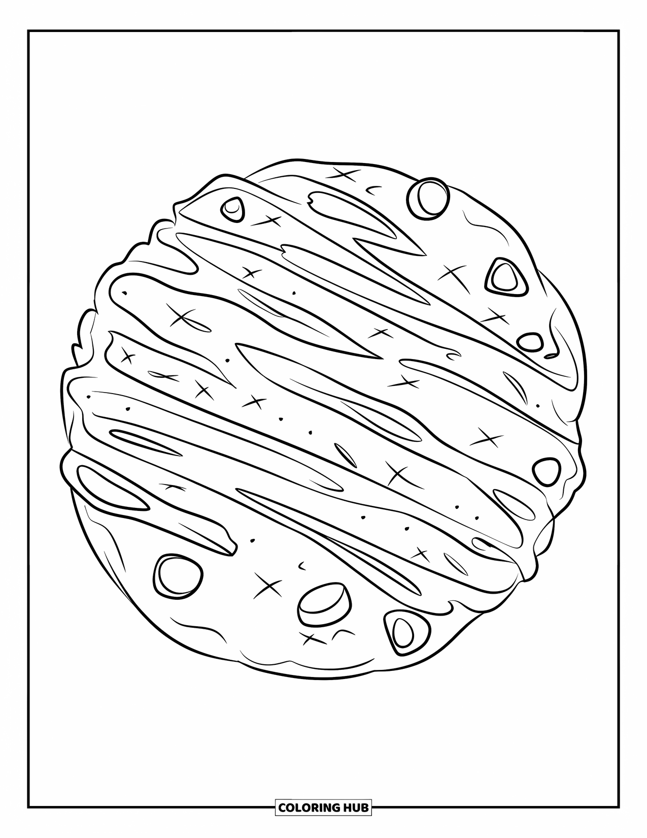 Chocolate Coloring Page for Kids: A crisscrossed cookie surrounded by chips sits inside a circular frame