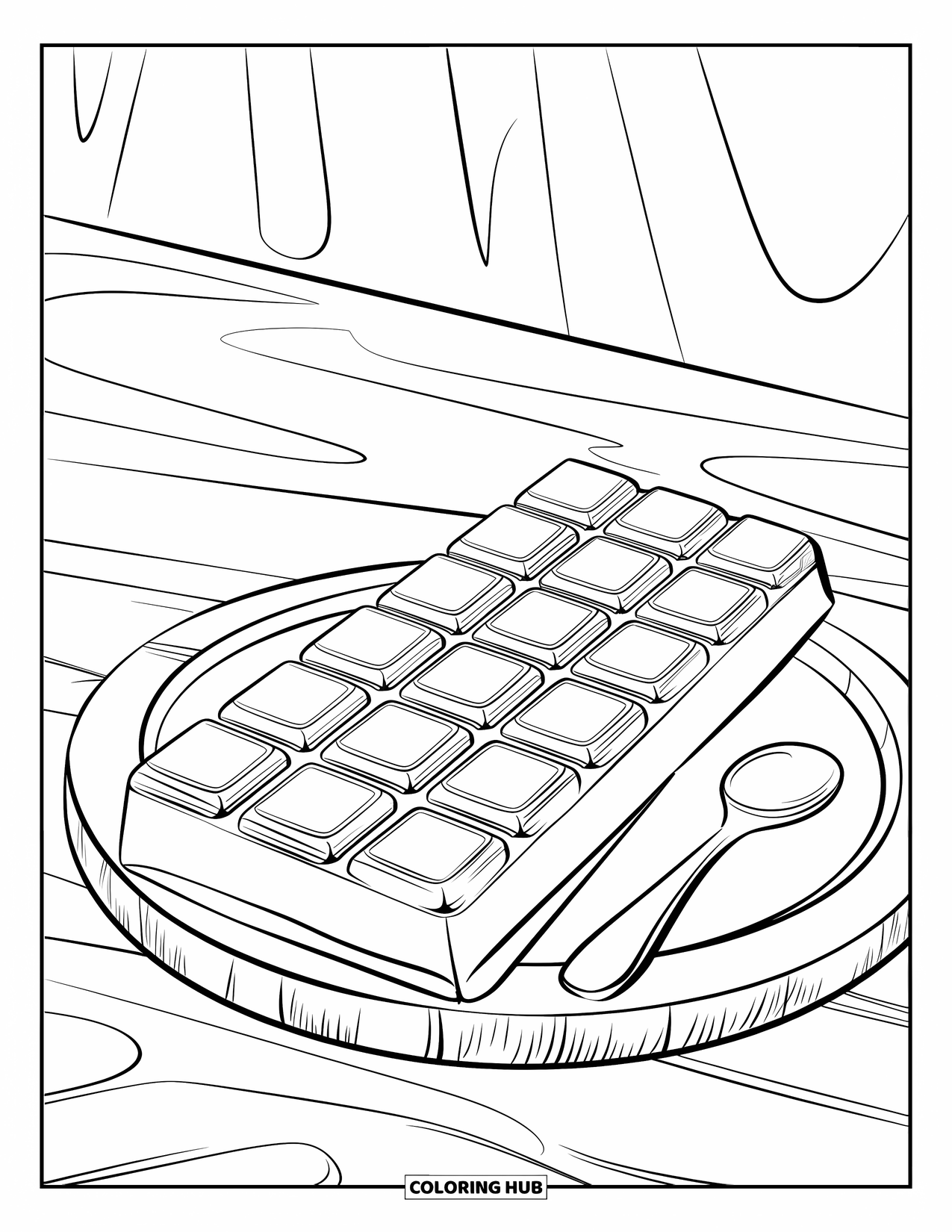 Chocolate Coloring Page for Kids: A giant chocolate bar rests on a platter with tiny wooden spoons beside it