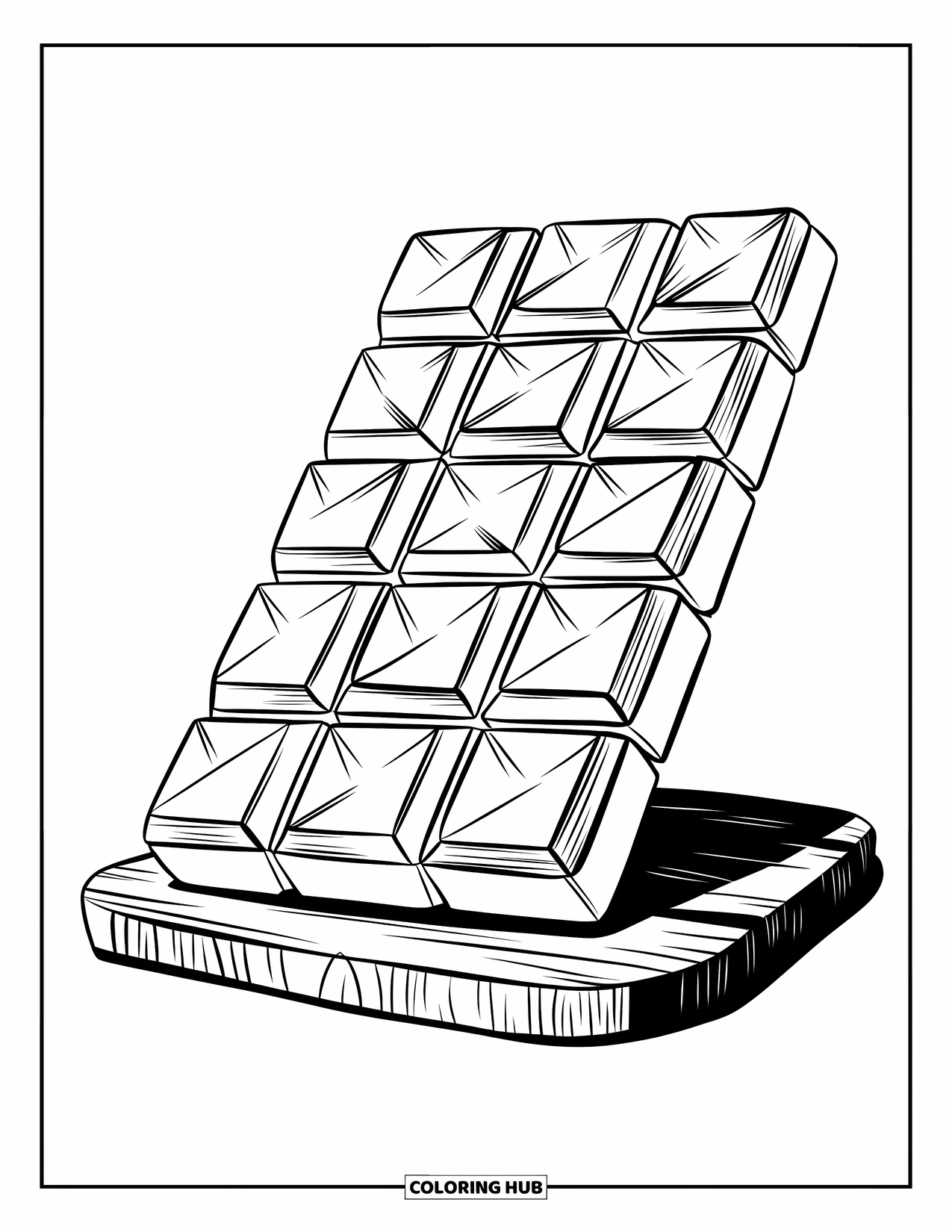 Chocolate Coloring Page for Kids: A giant chocolate bar with a textured pattern rests on a wooden board