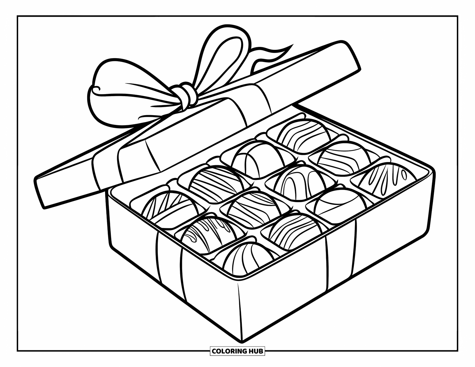 Chocolate Coloring Page for Kids: A gift box tied with a ribbon holds a variety of assorted chocolates