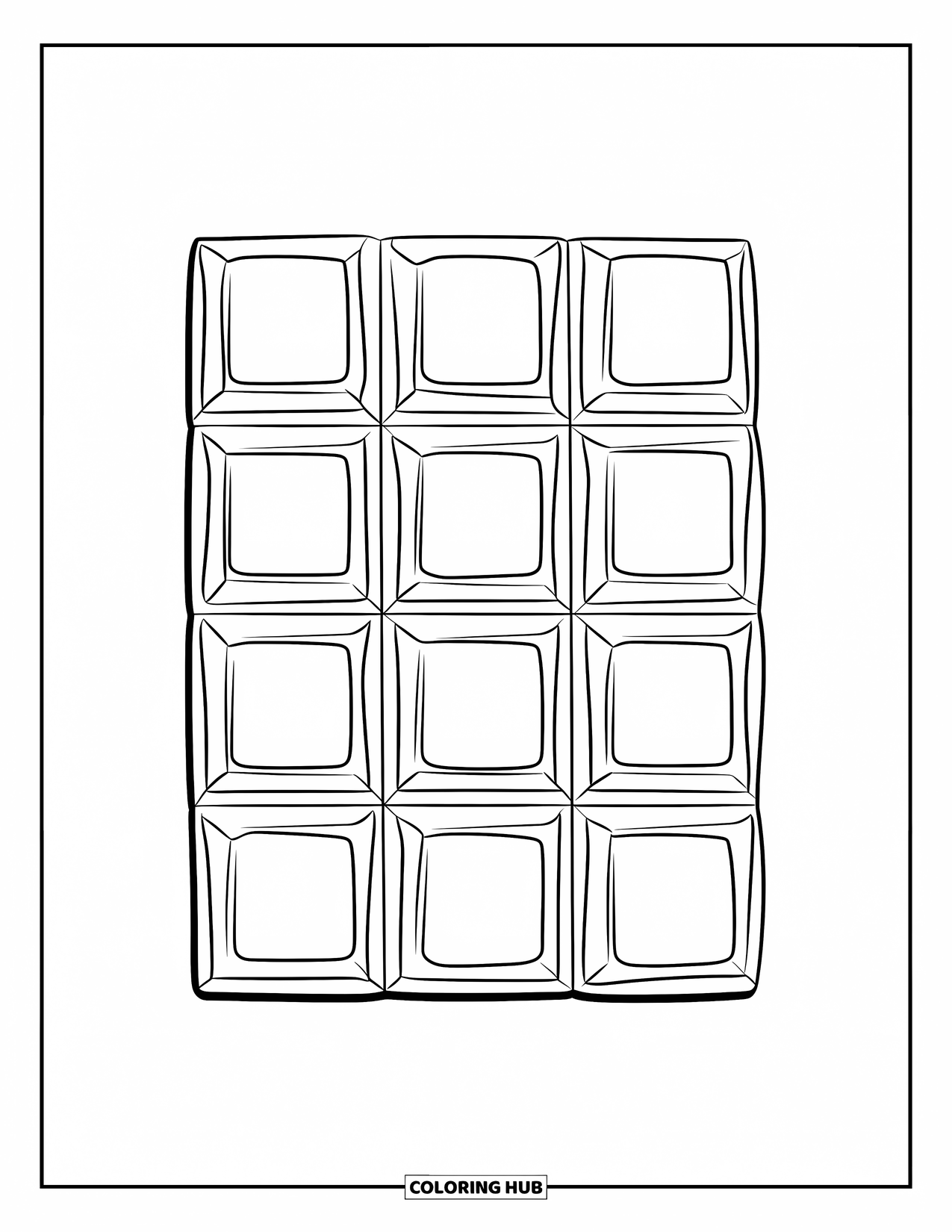 Chocolate Coloring Page for Kids: A glossy chocolate bar with large and small squares sits quietly in view