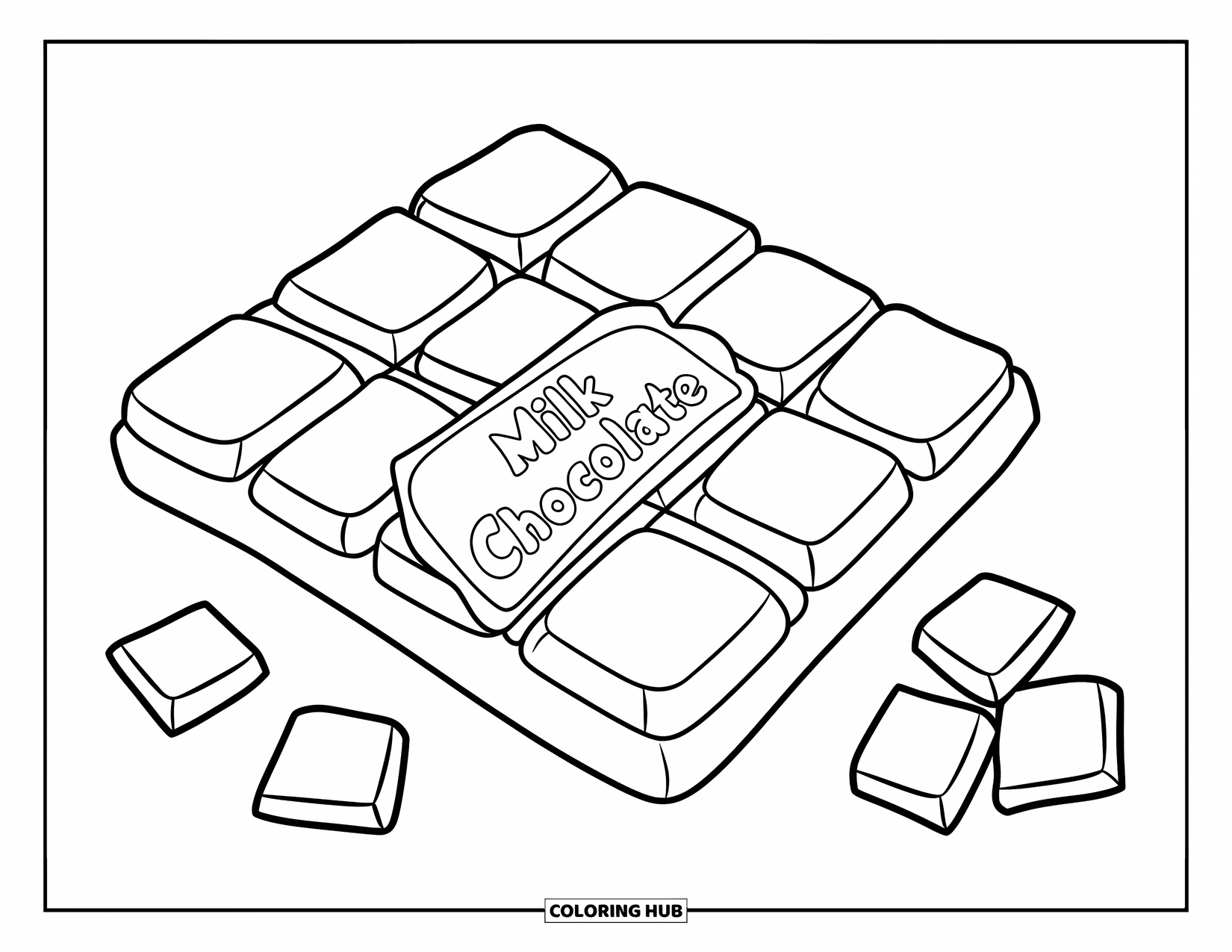 Chocolate Coloring Page for Kids: A labeled chocolate bar with four chunky parts and tiny squares sits beside it