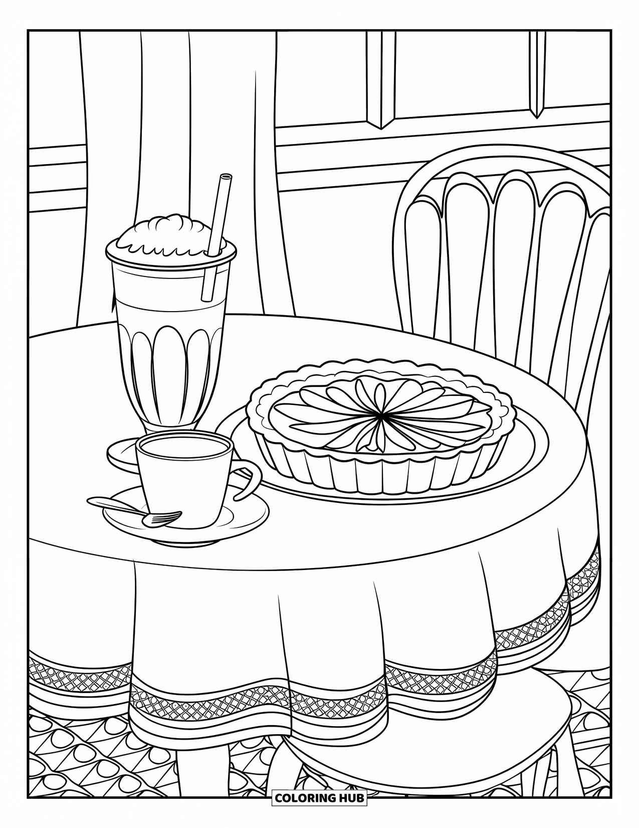 Chocolate Coloring Page for Kids: A mocha and tart rest on a table near a window with soft details