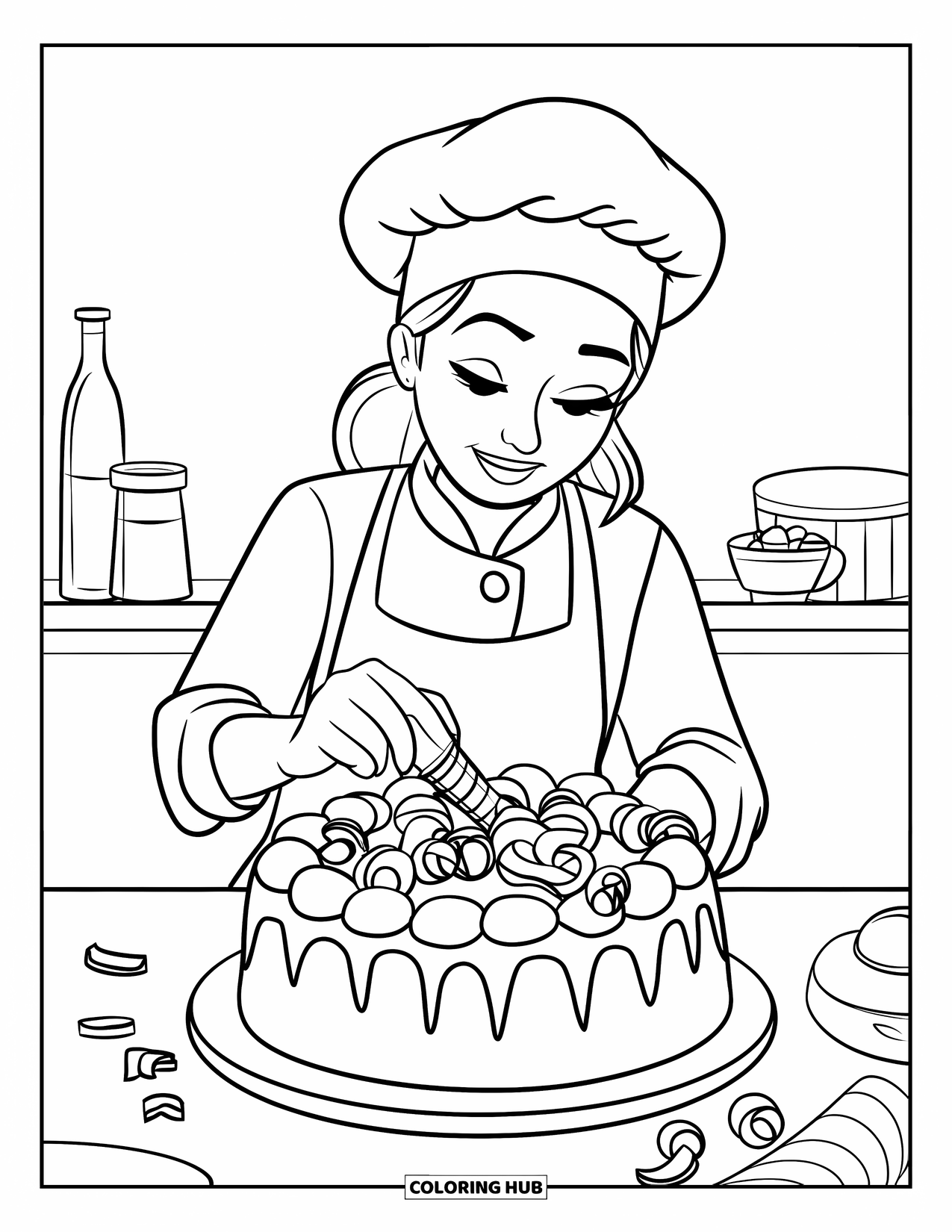 Chocolate Coloring Page for Kids: A pastry chef decorates a cake with chocolate curls and baking tools nearby