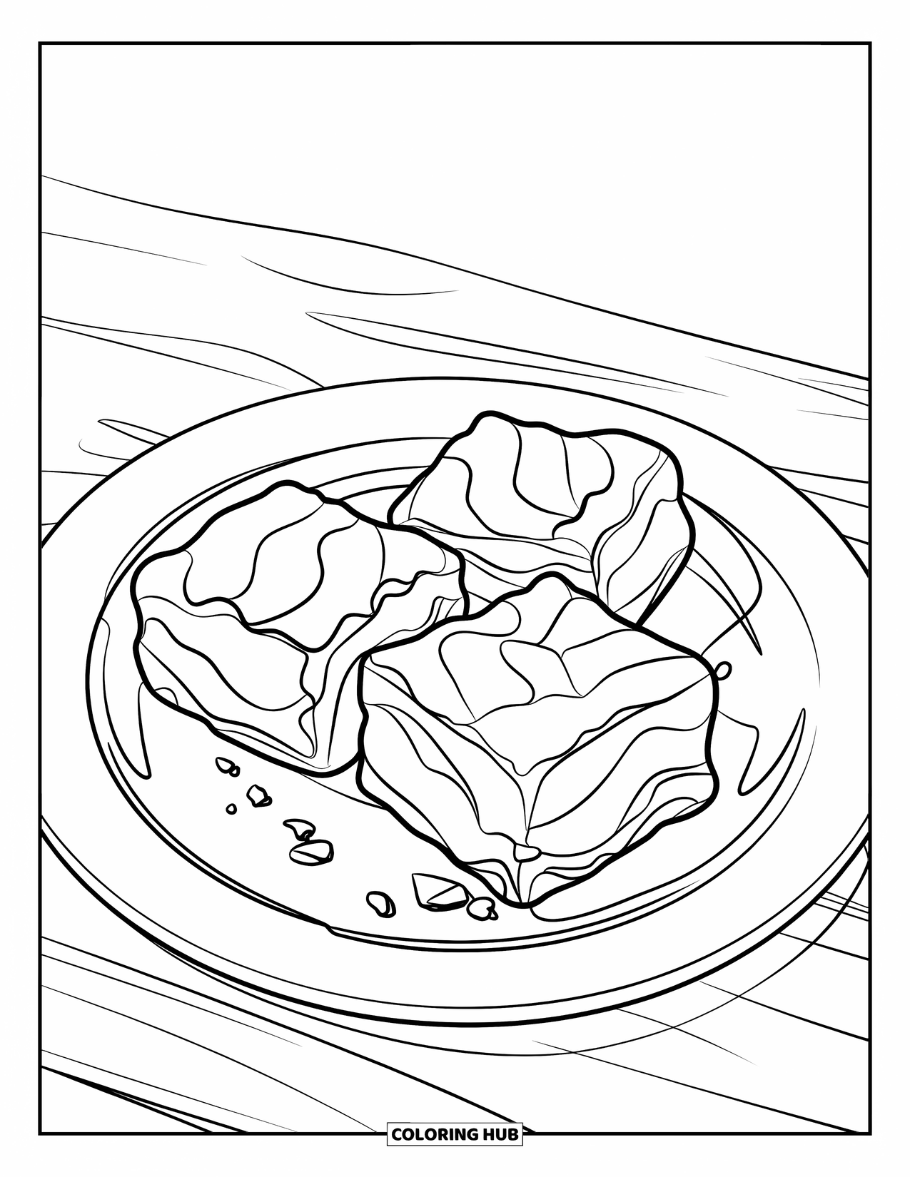 Chocolate Coloring Page for Kids: A plate holds three brownies with soft edges and a few scattered crumbs
