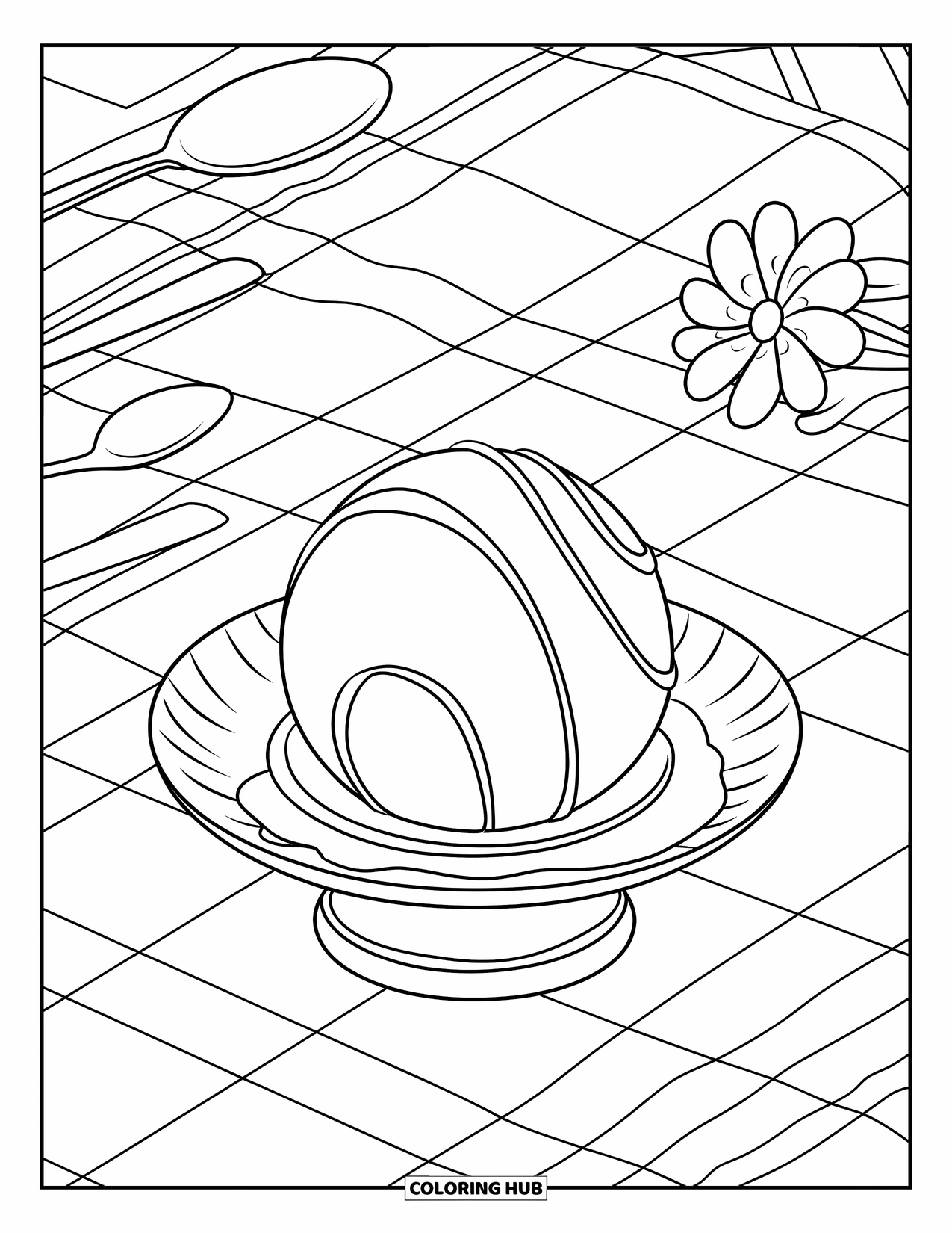 Chocolate Coloring Page for Kids: A round truffle with soft decorations sits on a tiny dish over a checkered cloth