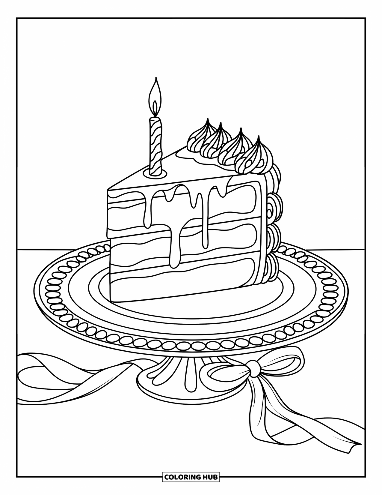 Chocolate Coloring Page for Kids: A slice of chocolate cake with ganache and a candle sits on a ribboned plate