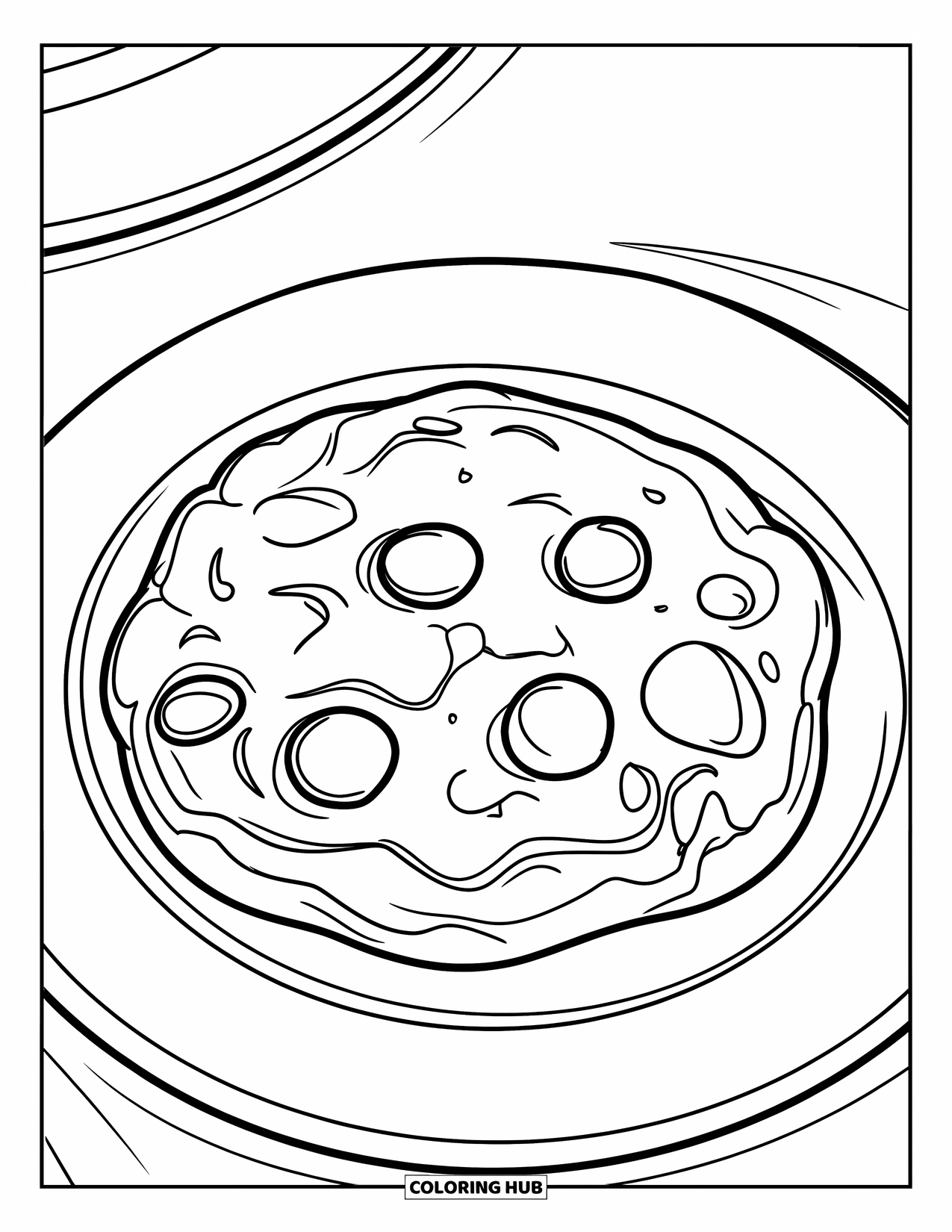 Chocolate Coloring Page for Kids: A slightly cracked cookie with two big chips rests on a plate