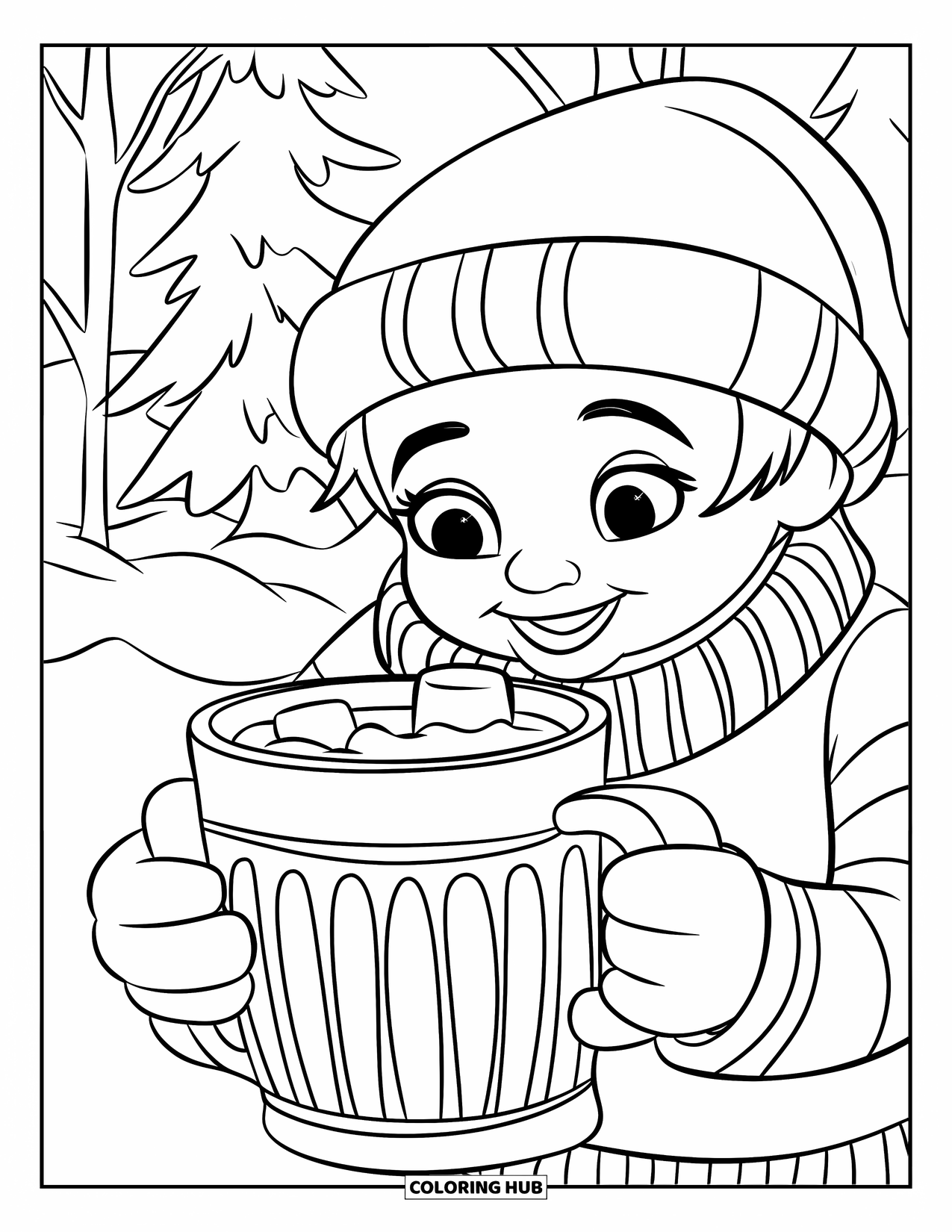 Chocolate Coloring Page for Kids: A smiling mug of cocoa is held by a cheerful character in a striped sweater