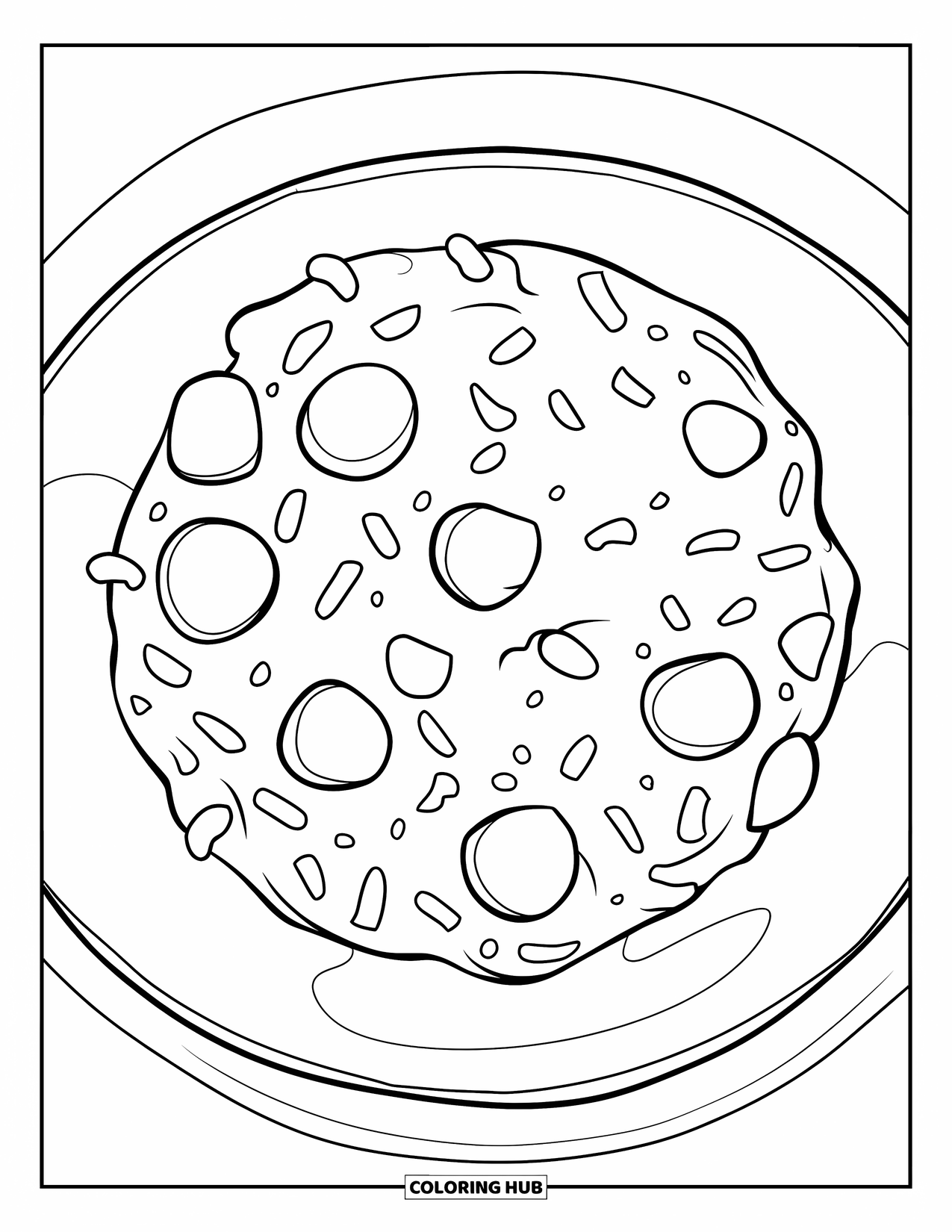 Chocolate Coloring Page for Kids: A sprinkled chocolate chip cookie sits on a plate with a playful, rounded shape
