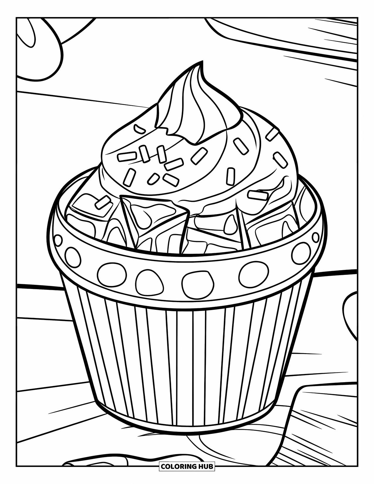 Chocolate Coloring Page for Kids: A striped dessert cup with mousse and sprinkles sits neatly on a plate