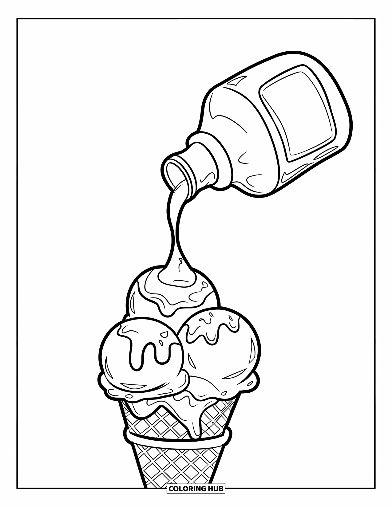 Chocolate Coloring Page for Kids: A syrup bottle pours over ice cream scoops on a crunchy cone