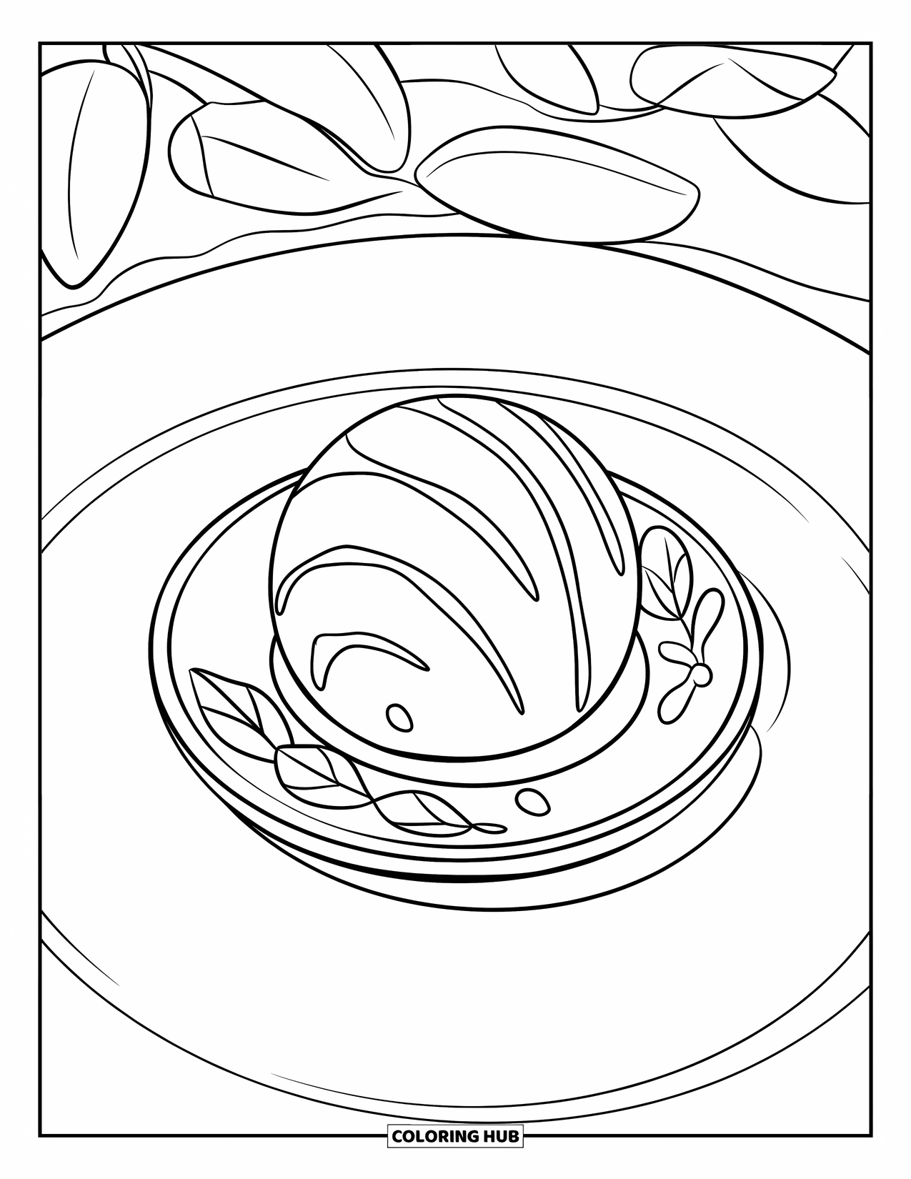 Chocolate Coloring Page for Kids: A tiny truffle with leaves and a flower rests on a dish over a plate