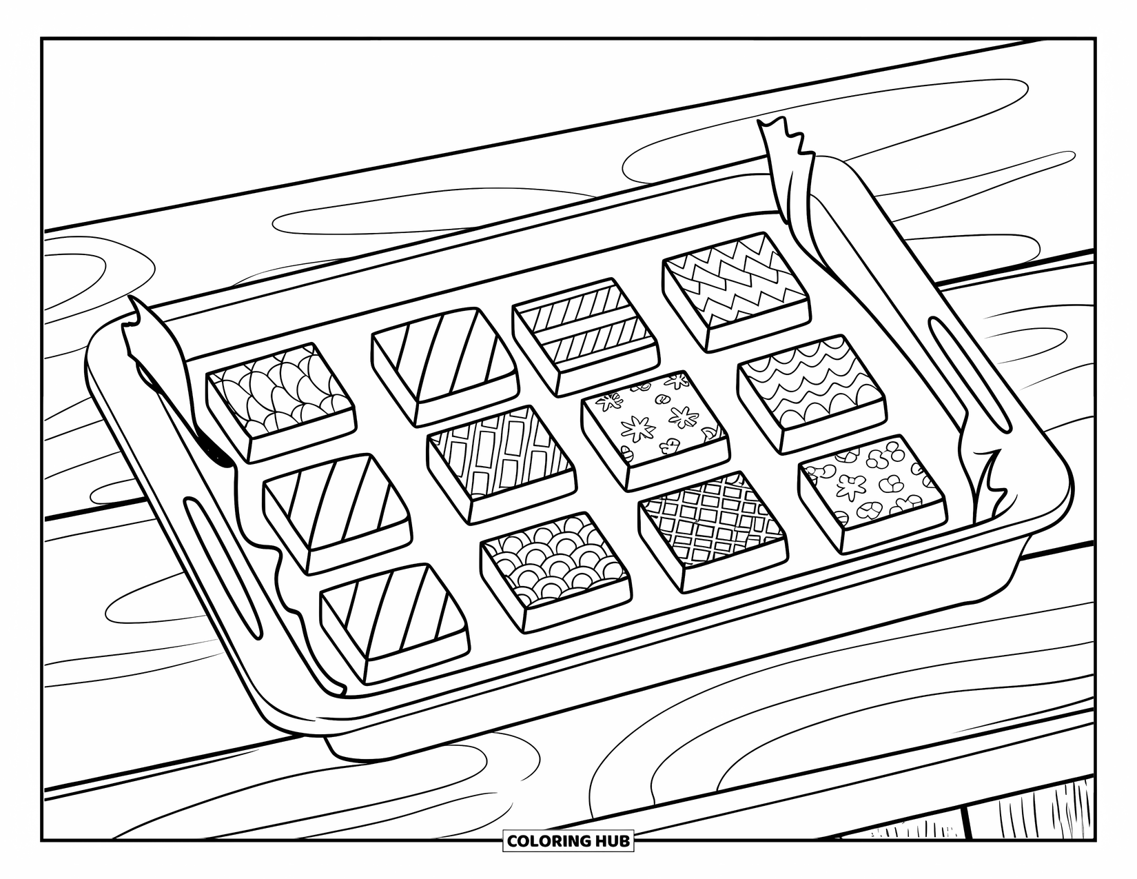 Chocolate Coloring Page for Kids: A tray of warm chocolate bars rests on a wooden surface