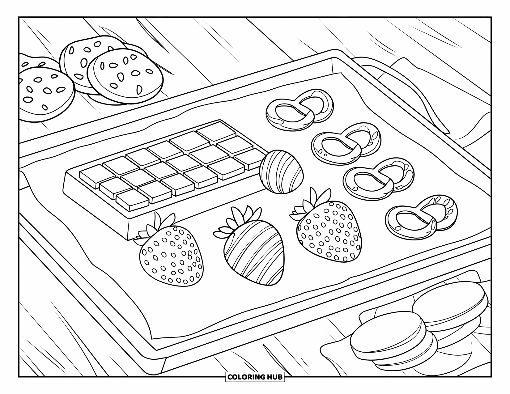 Chocolate Coloring Page for Kids: Chocolate bars, strawberries, and pretzels sit on a baking tray fresh from the oven