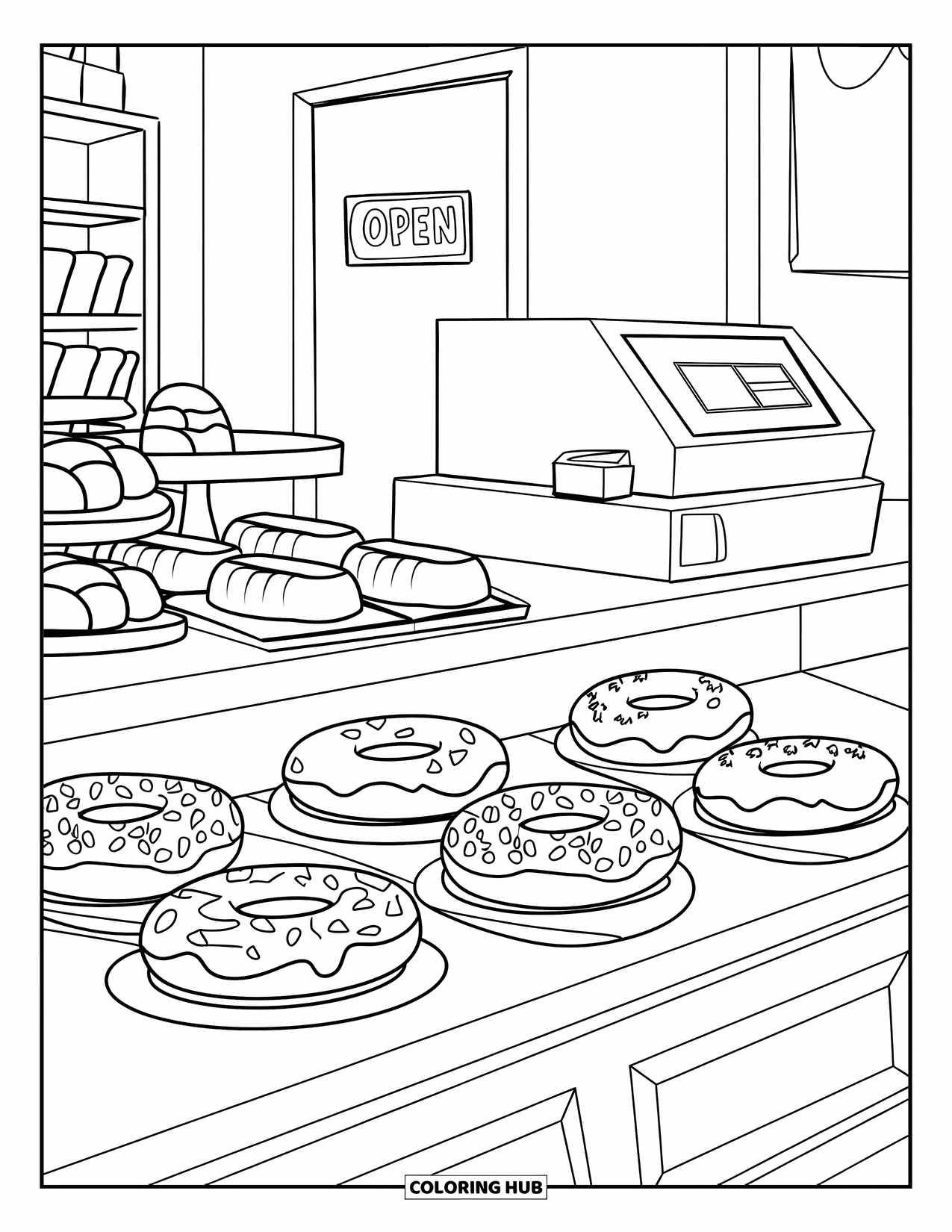 Chocolate Coloring Page for Kids: Chocolate donuts, eclairs, and brownies sit on a cozy bakery counter with a register