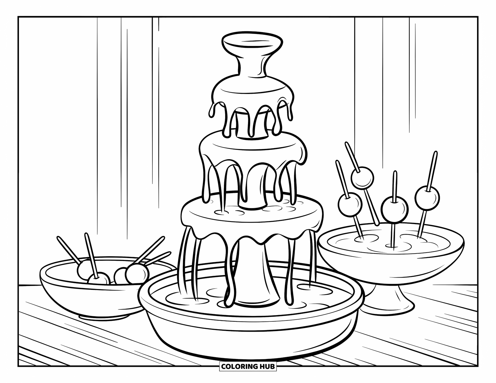 Chocolate Coloring Page for Kids: Chocolate flows from a fountain into a bowl, with fruit skewers nearby
