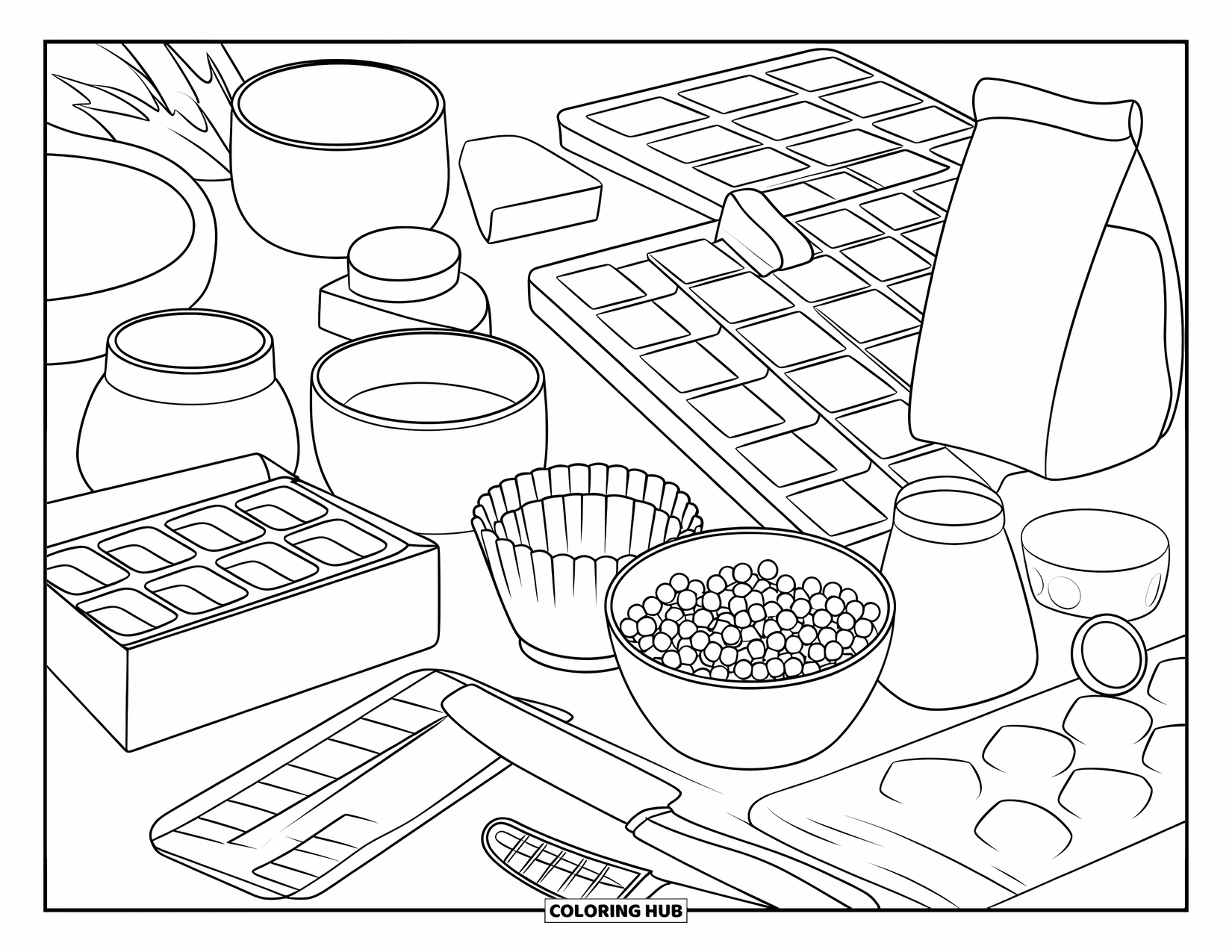 Chocolate Coloring Page for Kids: Chocolate molds, tools, and a bag of chips are arranged at a baking station