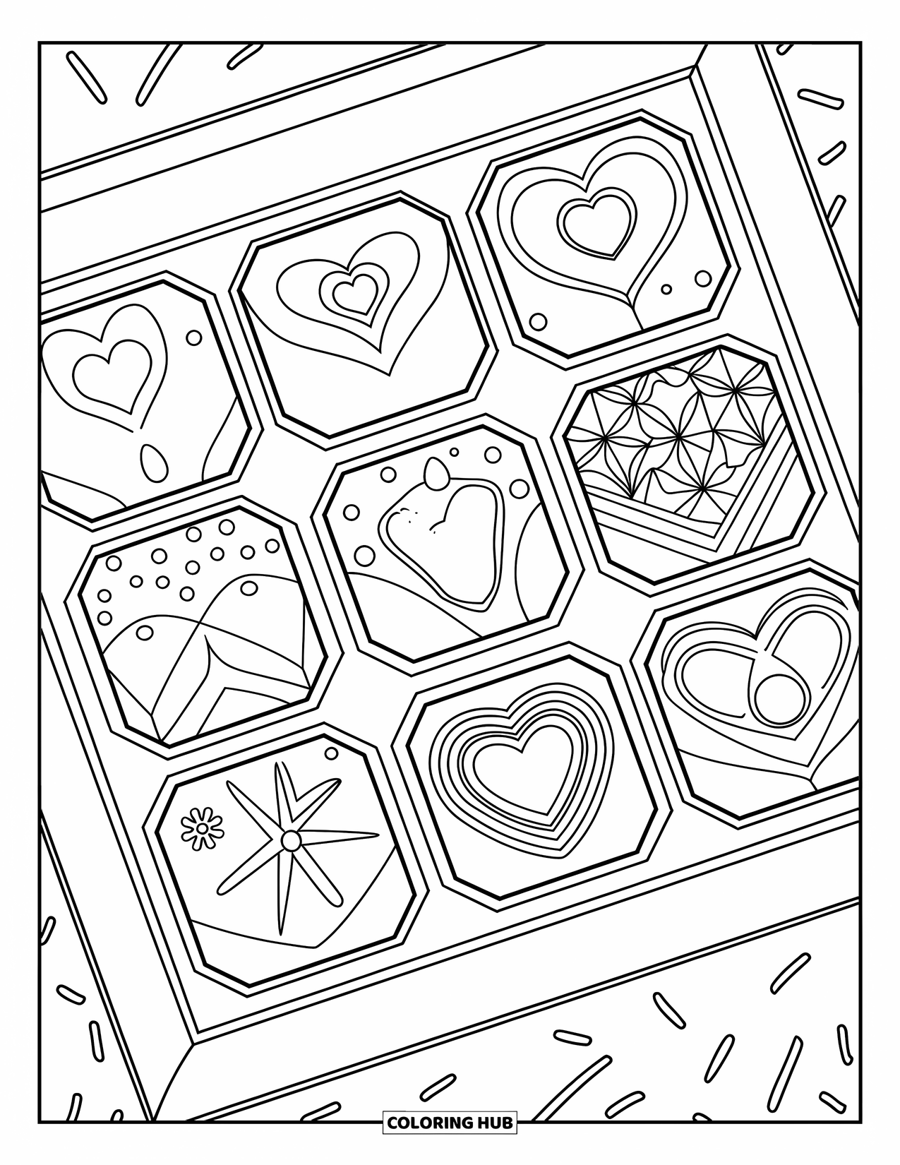 Chocolate Coloring Page for Kids: Chocolates shaped like flowers and stars are decorated with drizzles and sprinkles in a box
