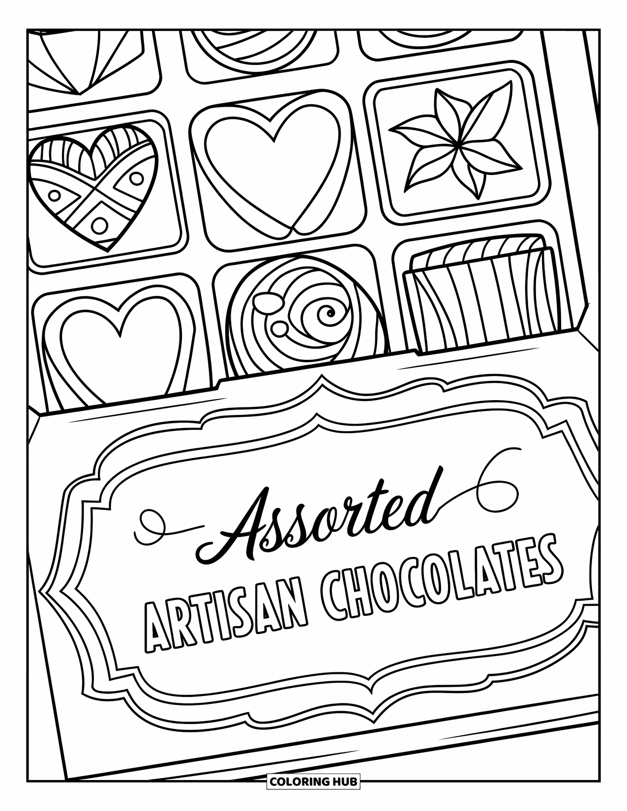 Chocolate Coloring Page for Kids: Creative artisan chocolates with playful shapes are arranged neatly in a labeled gift box