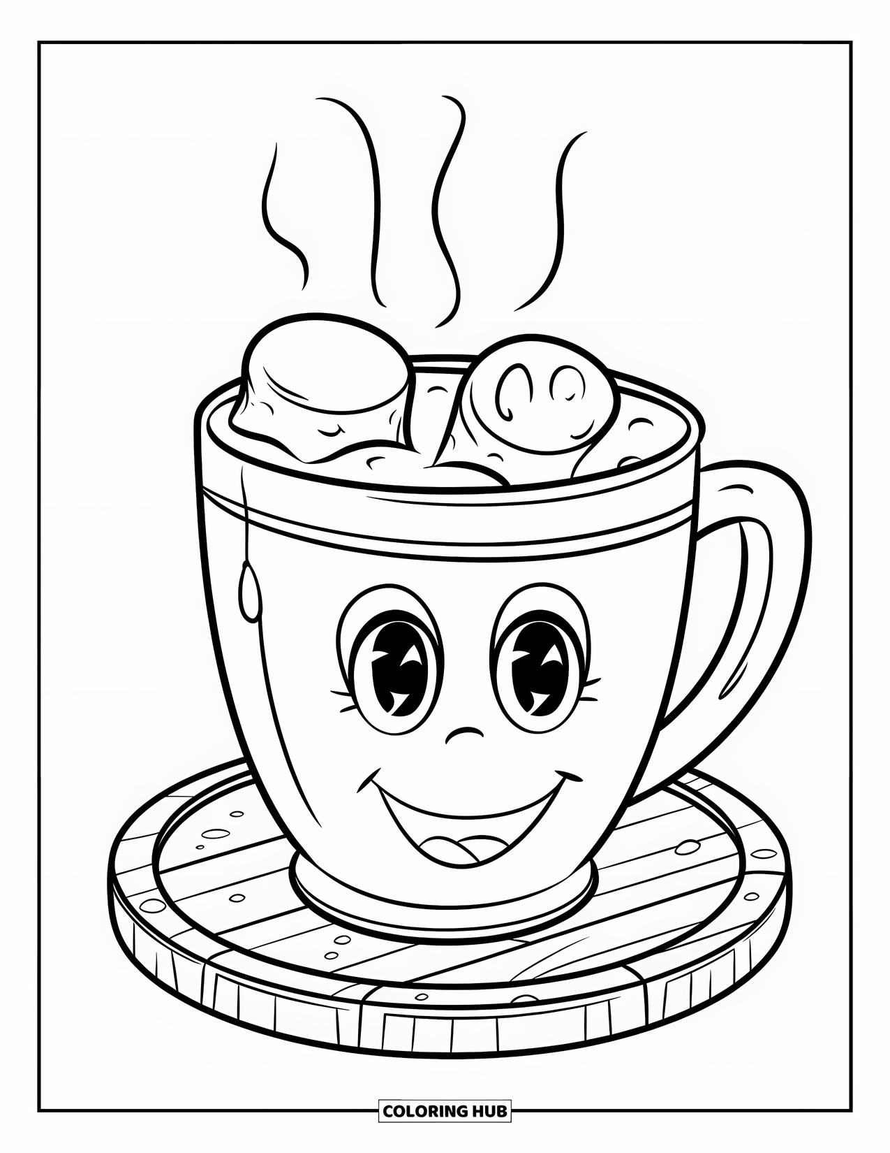 Chocolate Coloring Page for Kids: Hot chocolate with floating marshmallows and a smiley face rests on a wooden board