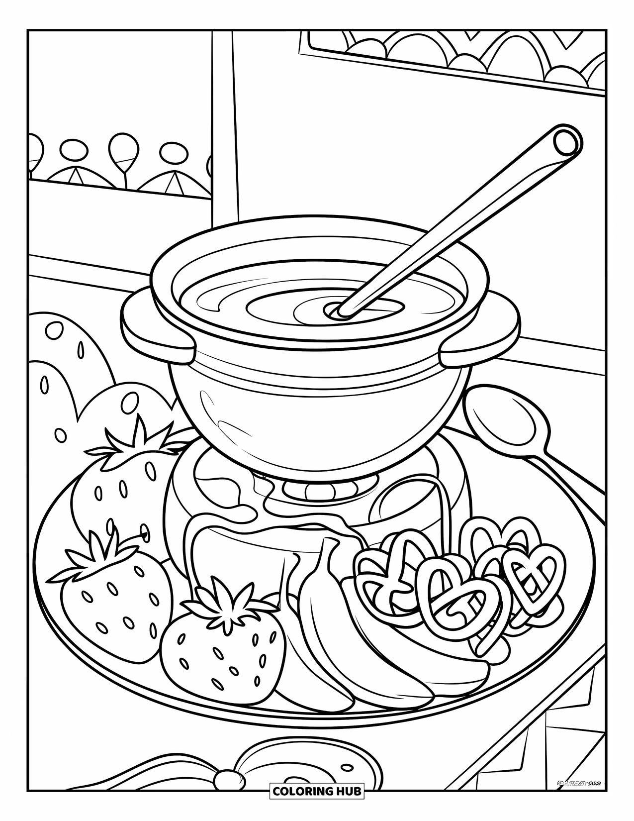 Chocolate Coloring Page for Kids: Melted chocolate with fruit and pretzels sits in a cozy fondue setup