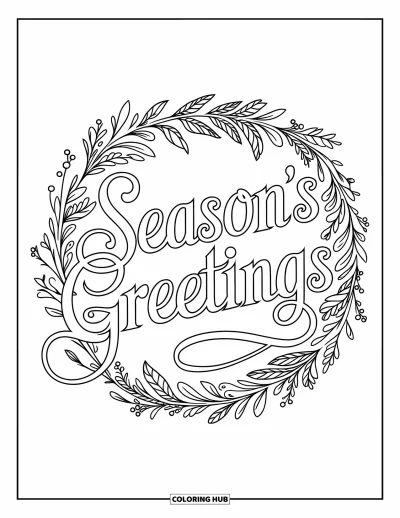 Coloriage de carte de Noël pour adultes : Couronne botanique avec "Season's Greetings" en écriture soignée et des contours nets