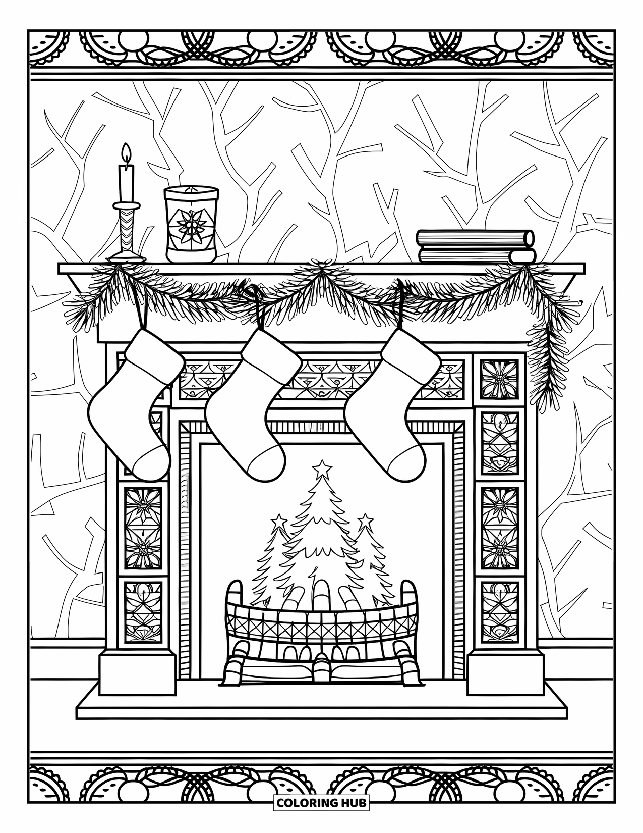 Christmas Card Coloring Page for Adults: Christmas fireplace with stockings, tree, and patterned borders for a festive room scene