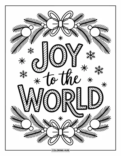 Coloriage de carte de Noël pour adultes : Une couronne ronde de pin encadre "Joy to the World" avec des boules, des étoiles et des rubans