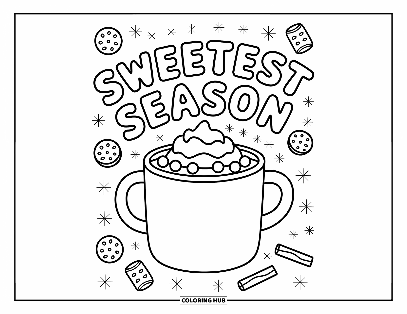 Christmas Card Coloring Page for Adults: Cocoa mug with marshmallows and cookies spells out "Sweetest Season" in a cozy scene