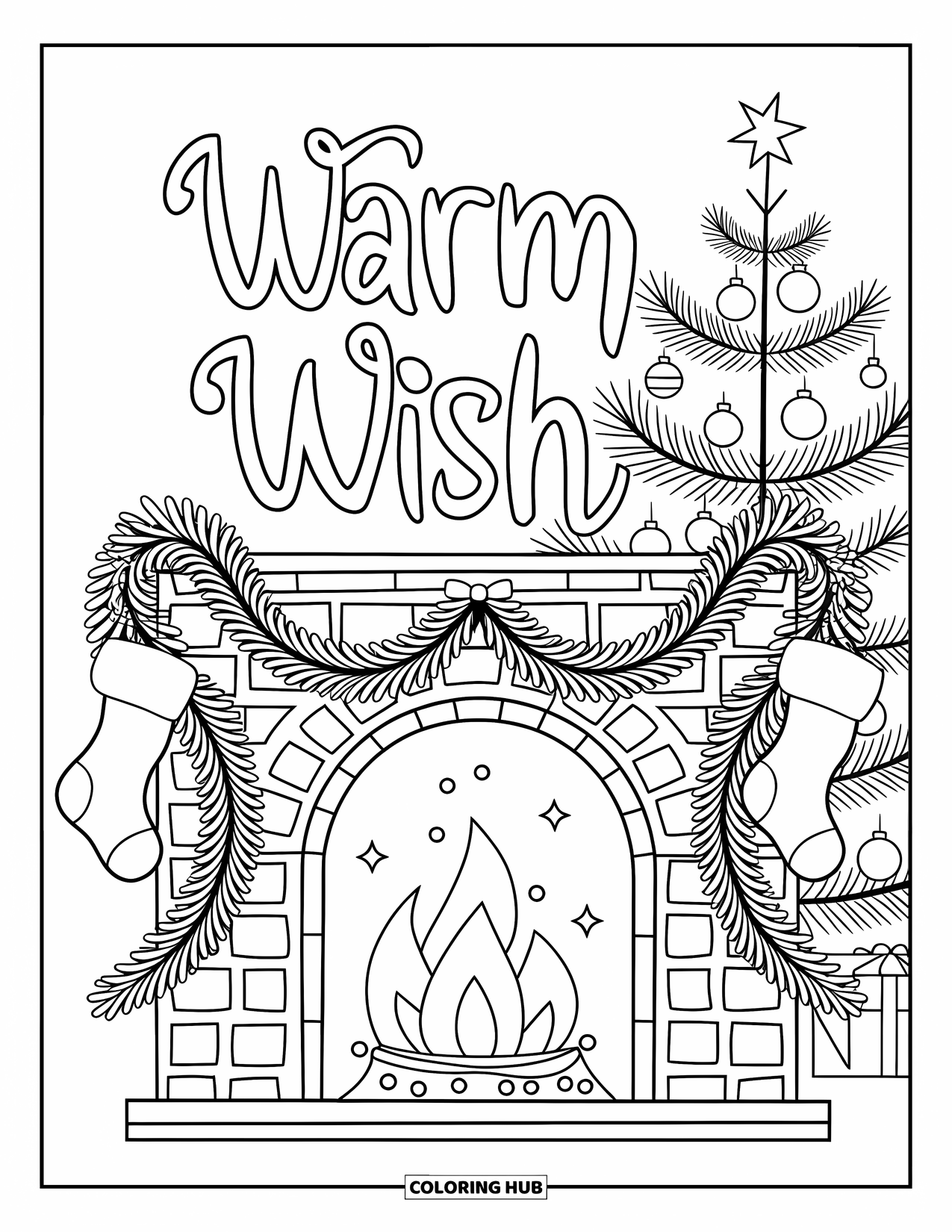 Christmas Card Coloring Page for Adults: Cozy fireplace scene with stockings, garland, and a tree in the background
