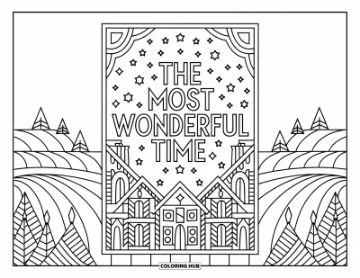Coloriage de carte de Noël pour adultes : Maisons ornées sous des étoiles avec "The Most Wonderful Time" dans une mise en page festive