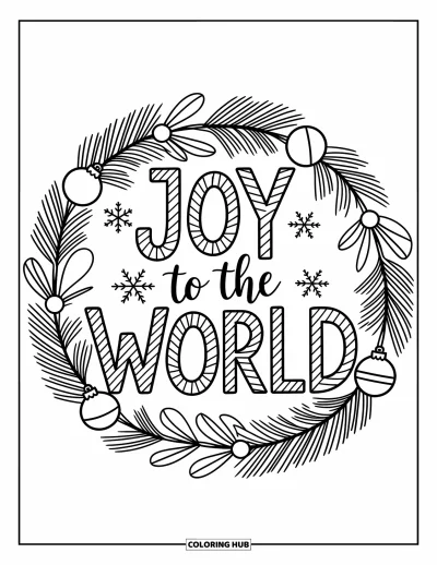 Coloriage de carte de Noël pour adultes : Une couronne décorée encadre "Joy to the World" en lettres évoquant les cannes en sucre d'orge