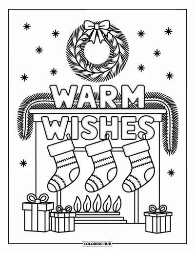 Coloriage de carte de Noël pour adultes : Cheminée avec des chaussettes et des cadeaux sous "Warm Wishes" brodé comme un tissu chaleureux