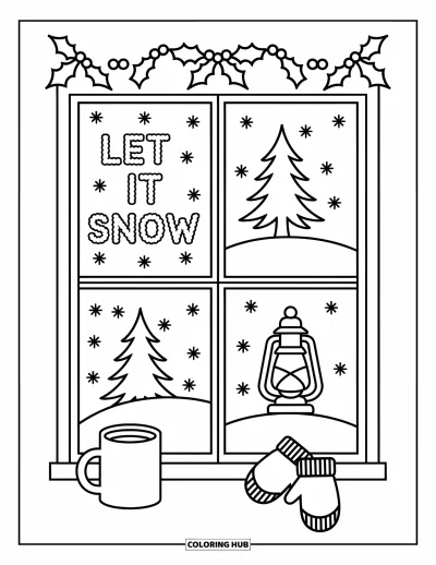 Coloriage de carte de Noël pour adultes : Une fenêtre à quatre carreaux avec "Let It Snow", des sapins, une lanterne et une tasse festive sur le rebord