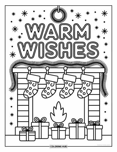 Coloriage de carte de Noël pour adultes : Cheminée ornée de guirlandes avec "Warm Wishes", des chaussettes, des cadeaux et une neige scintillante